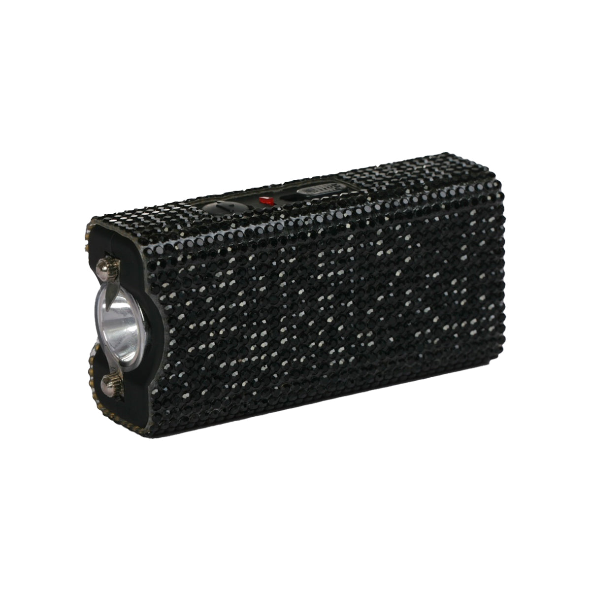Streetwise Rhinestun Keychain Stun Gun – compact mini stun gun with stylish rhinestone exterior, built-in LED flashlight, micro-USB rechargeable battery, dual-safety switch, keyring attachment, and nylon holster; delivers powerful high-voltage shock in a fashion-forward design, in white background.