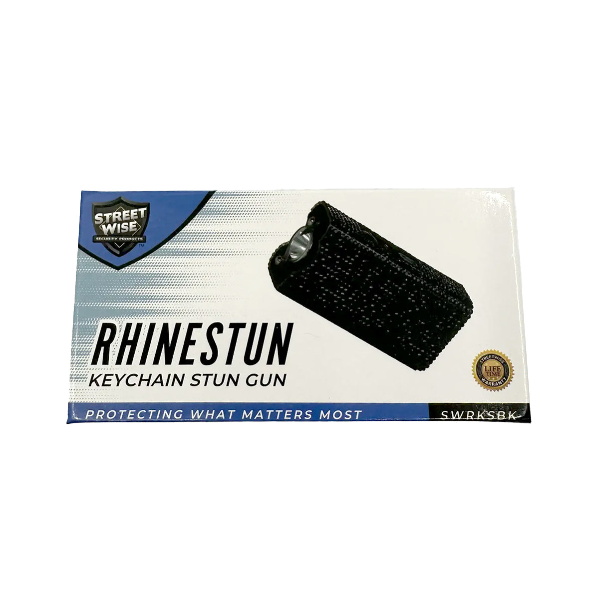 Product box for Streetwise Rhinestun Keychain Stun Gun – compact mini stun gun with stylish rhinestone exterior, built-in LED flashlight, micro-USB rechargeable battery, dual-safety switch, keyring attachment, and nylon holster; delivers powerful high-voltage shock in a fashion-forward design, in white background.