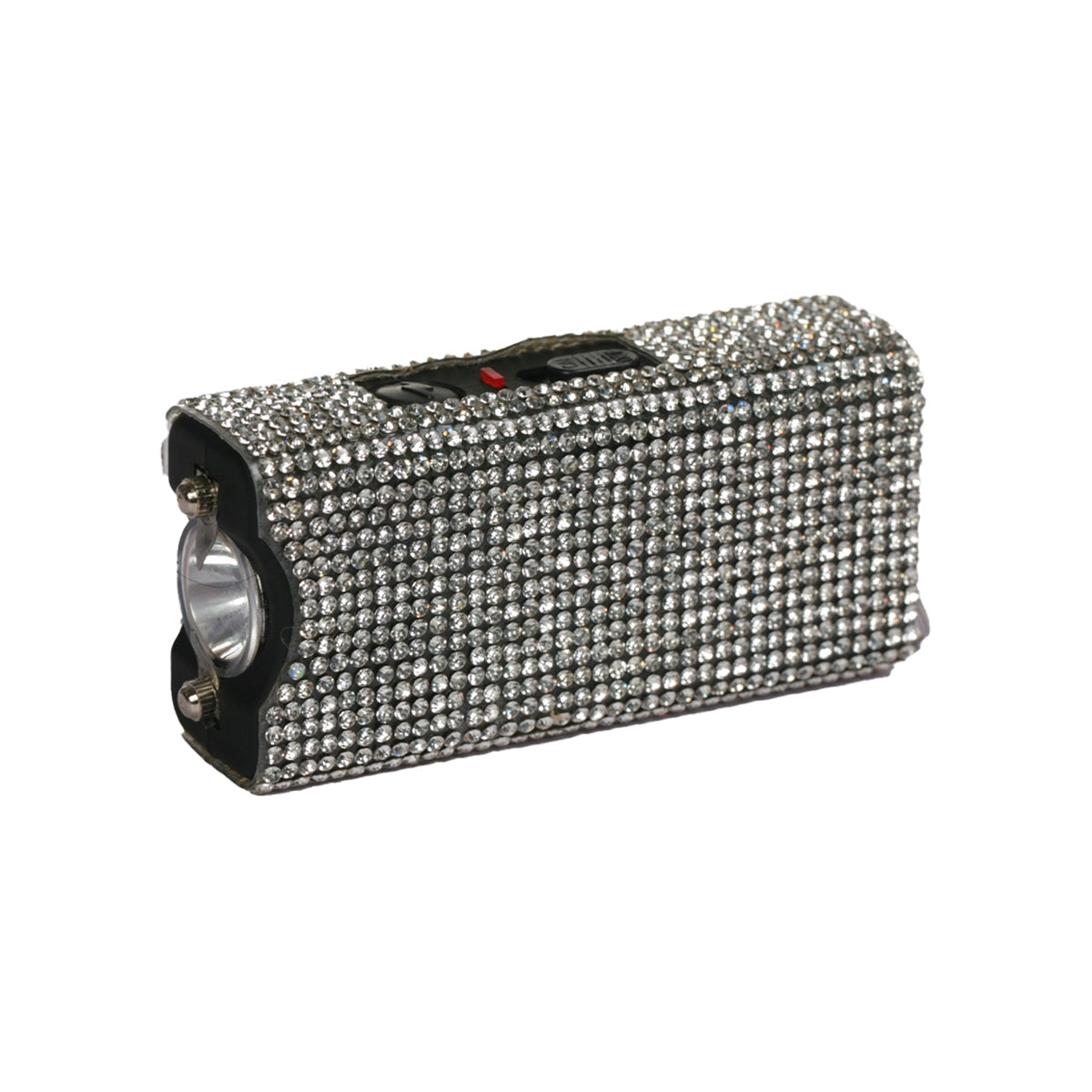 Streetwise Rhinestun Keychain Stun Gun – compact mini stun gun with stylish rhinestone exterior, built-in LED flashlight, micro-USB rechargeable battery, dual-safety switch, keyring attachment, and nylon holster; delivers powerful high-voltage shock in a fashion-forward design, in white background.