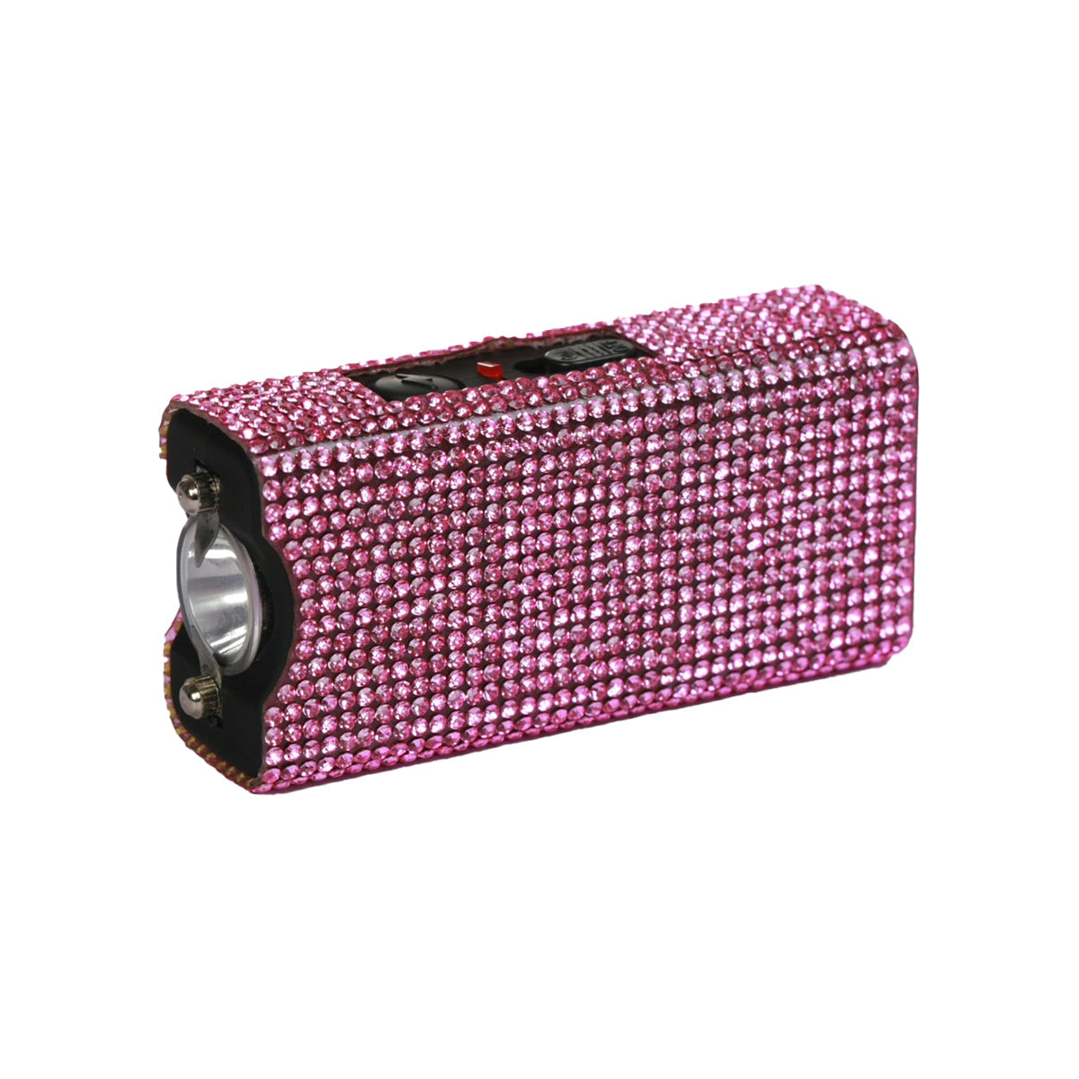 Streetwise Rhinestun Keychain Stun Gun – compact mini stun gun with stylish rhinestone exterior, built-in LED flashlight, micro-USB rechargeable battery, dual-safety switch, keyring attachment, and nylon holster; delivers powerful high-voltage shock in a fashion-forward design, in white background.