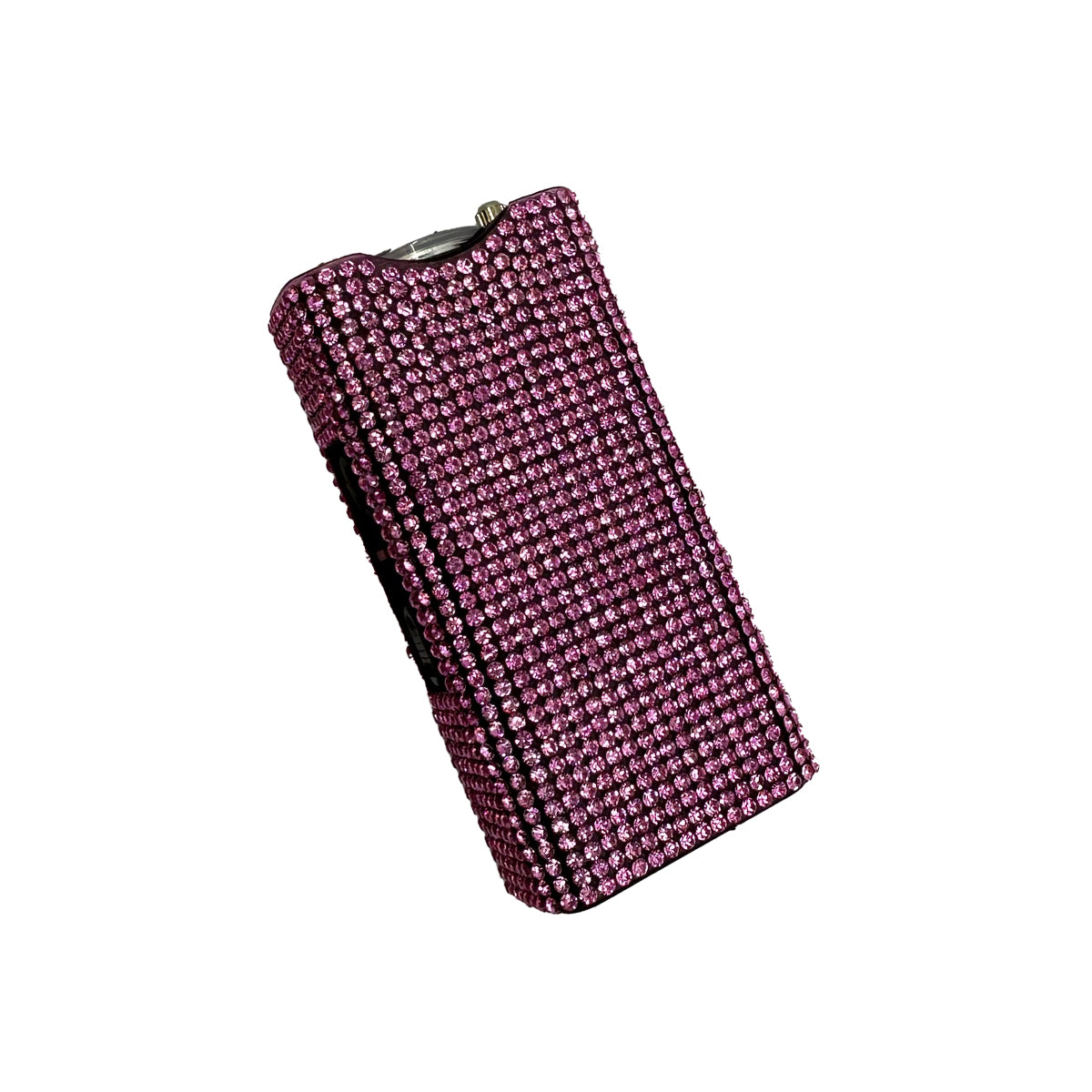 Streetwise Rhinestun Keychain Stun Gun – compact mini stun gun with stylish rhinestone exterior, built-in LED flashlight, micro-USB rechargeable battery, dual-safety switch, keyring attachment, and nylon holster; delivers powerful high-voltage shock in a fashion-forward design, in white background.