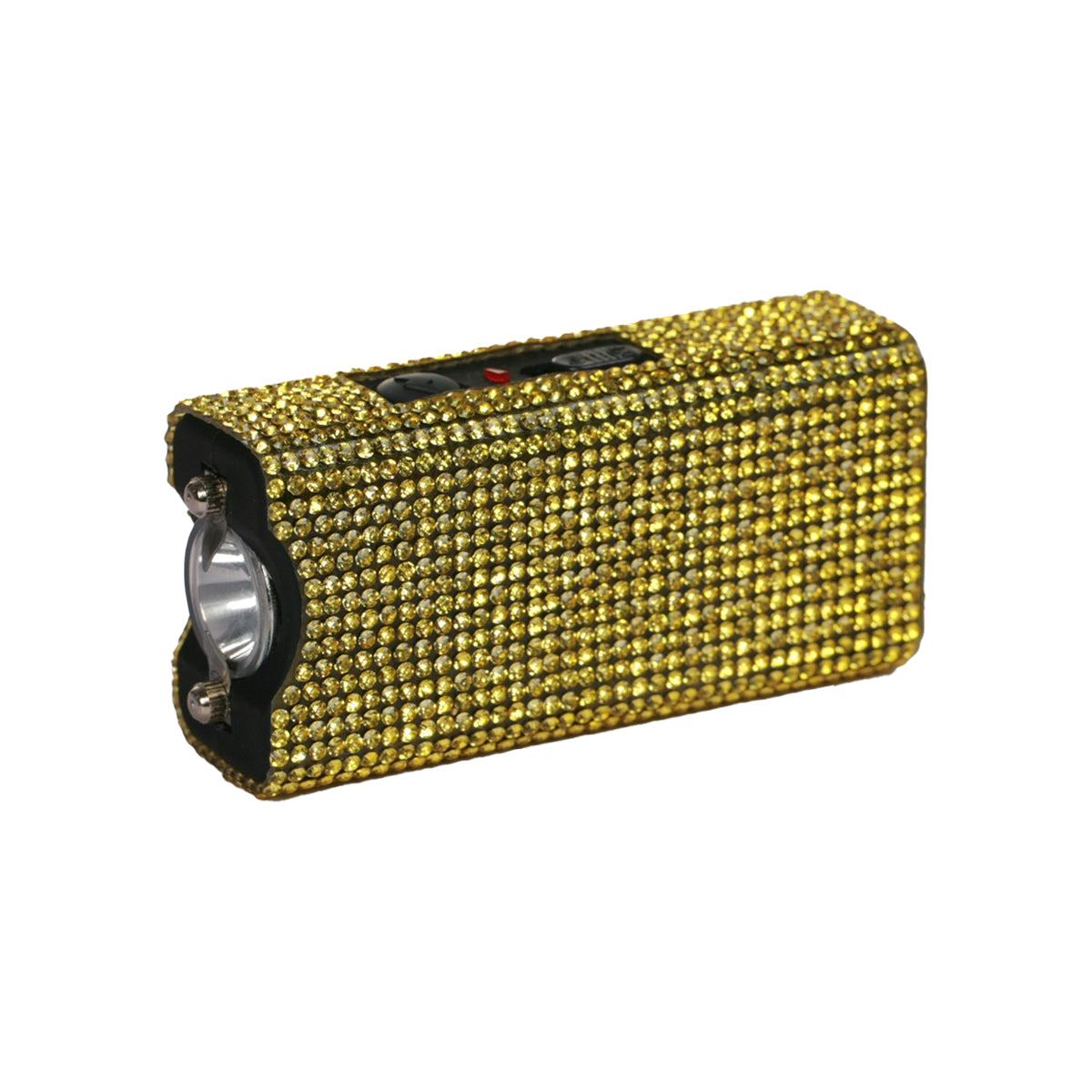 Streetwise Rhinestun Keychain Stun Gun – compact mini stun gun with stylish rhinestone exterior, built-in LED flashlight, micro-USB rechargeable battery, dual-safety switch, keyring attachment, and nylon holster; delivers powerful high-voltage shock in a fashion-forward design, in white background.