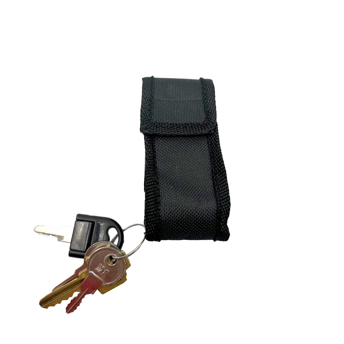 Holster for Streetwise Rhinestun Keychain Stun Gun – compact mini stun gun with stylish rhinestone exterior, built-in LED flashlight, micro-USB rechargeable battery, dual-safety switch, keyring attachment, and nylon holster; delivers powerful high-voltage shock in a fashion-forward design, with keys, in white background.