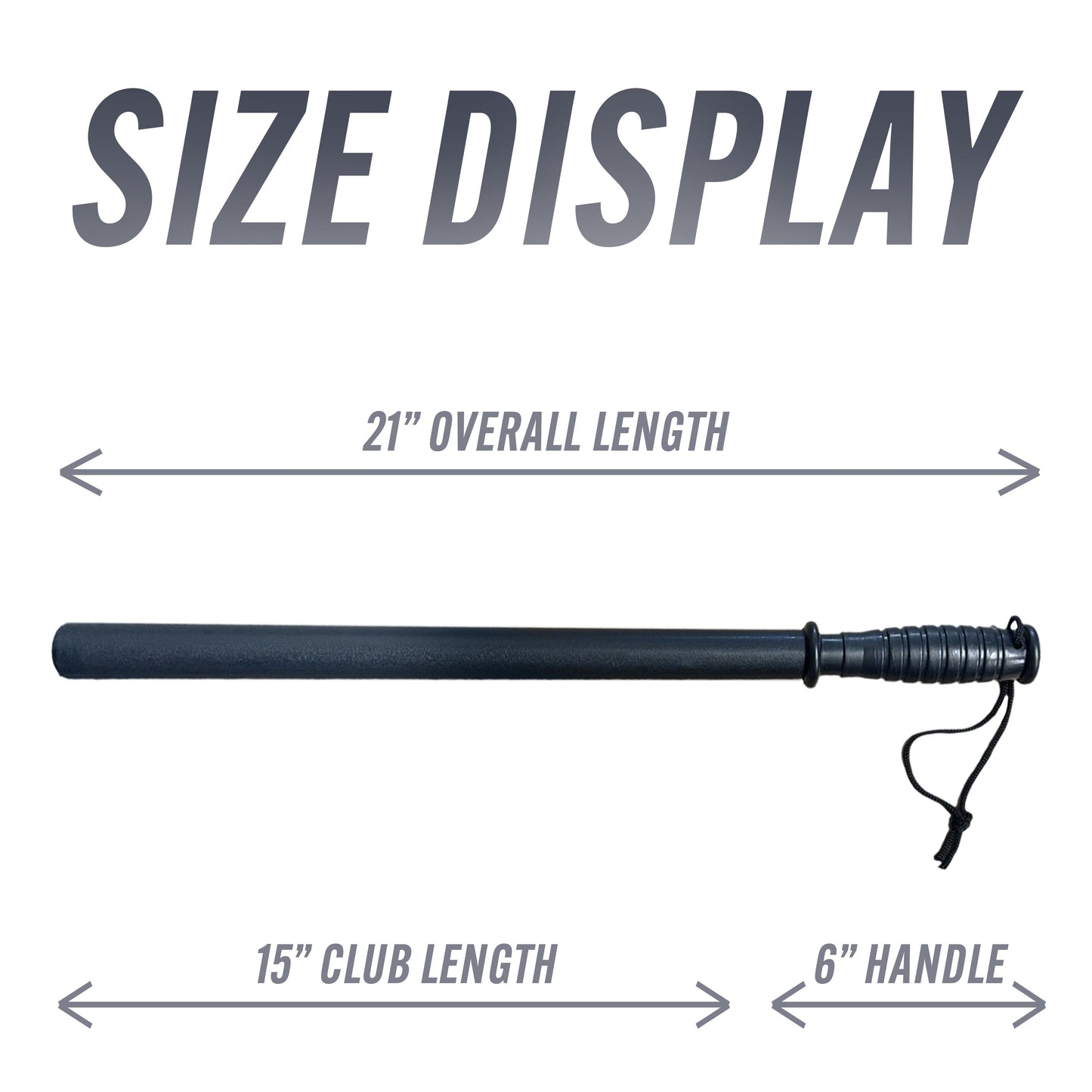 Features of Streetwise Safety Stick 21″ Baton – rigid 21-inch polypropylene baton with anti-slip ribbed handle and wrist strap, designed for non-lethal personal protection and vehicle safety tasks such as tire thumping or breaking glass, in white background.