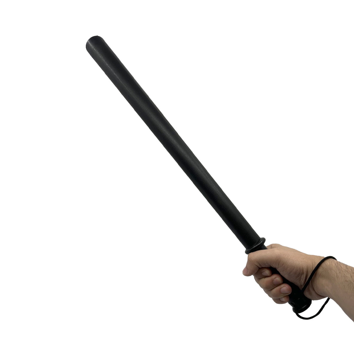 Someone holding Streetwise Safety Stick 21″ Baton – rigid 21-inch polypropylene baton with anti-slip ribbed handle and wrist strap, designed for non-lethal personal protection and vehicle safety tasks such as tire thumping or breaking glass, in white background.