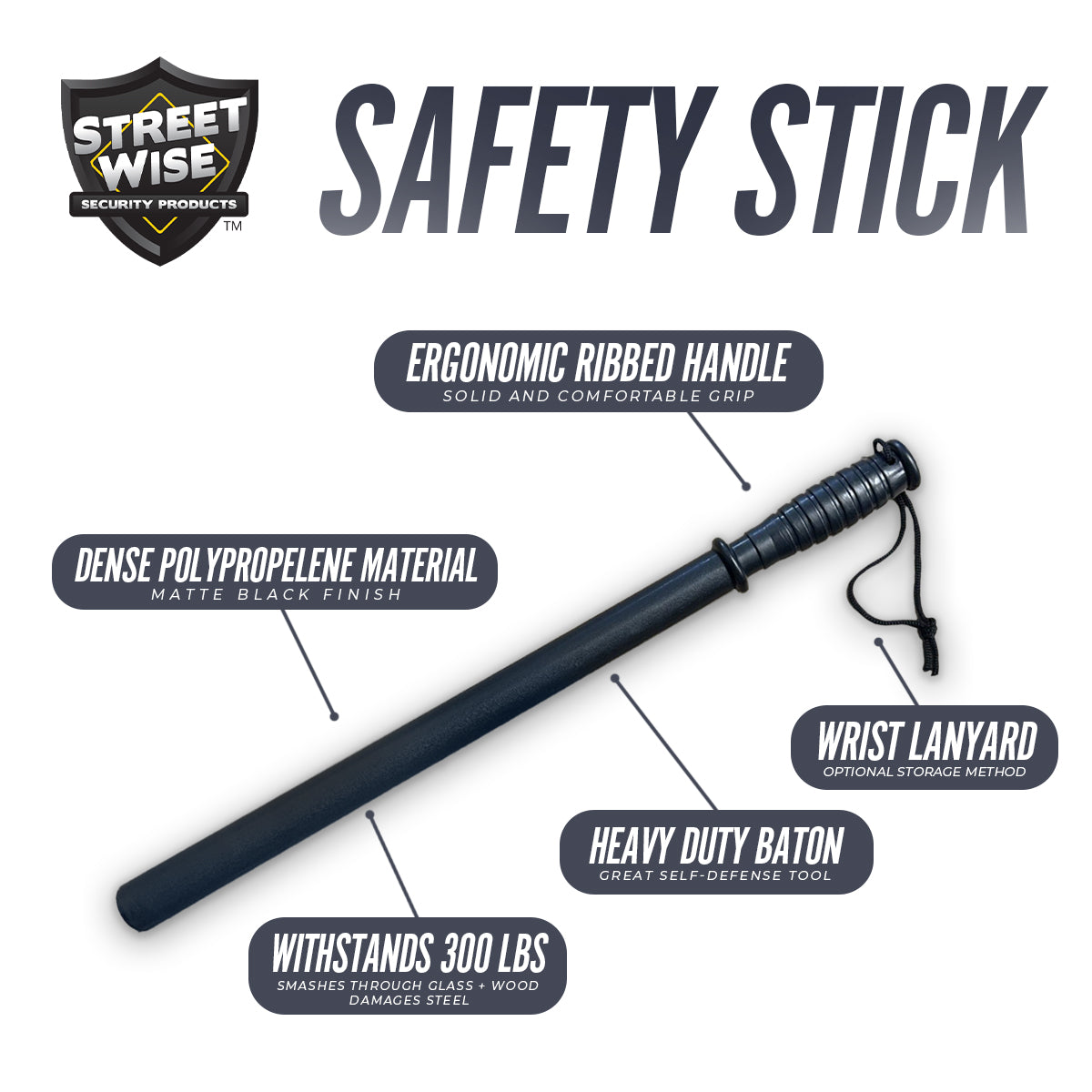 Features of Streetwise Safety Stick 21″ Baton – rigid 21-inch polypropylene baton with anti-slip ribbed handle and wrist strap, designed for non-lethal personal protection and vehicle safety tasks such as tire thumping or breaking glass, in white background.