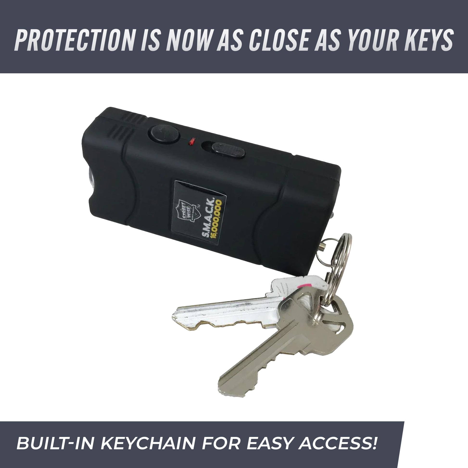 Streetwise Self‑Defense Keychain Combo – compact personal safety tool that combines a loud 130 dB alarm, LED flashlight, and shock delivery device on a keychain, designed for convenient everyday carry and quick access in emergencies, in white background.
