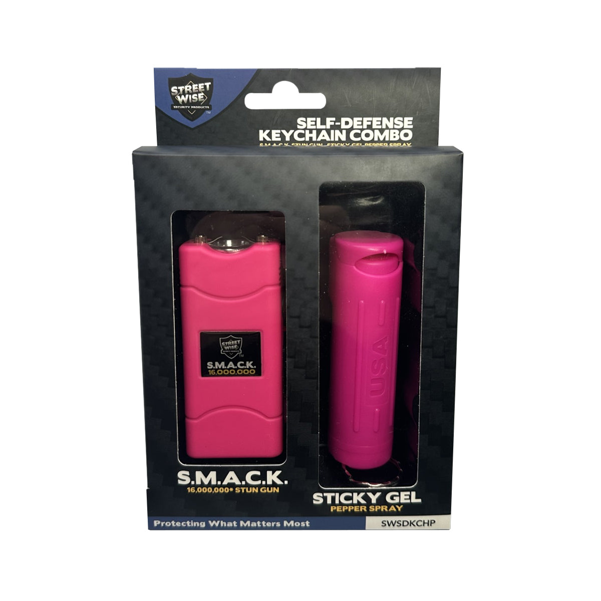 Product box for Streetwise Self‑Defense Keychain Combo – compact personal safety tool that combines a loud 130 dB alarm, LED flashlight, and shock delivery device on a keychain, designed for convenient everyday carry and quick access in emergencies, in white background.
