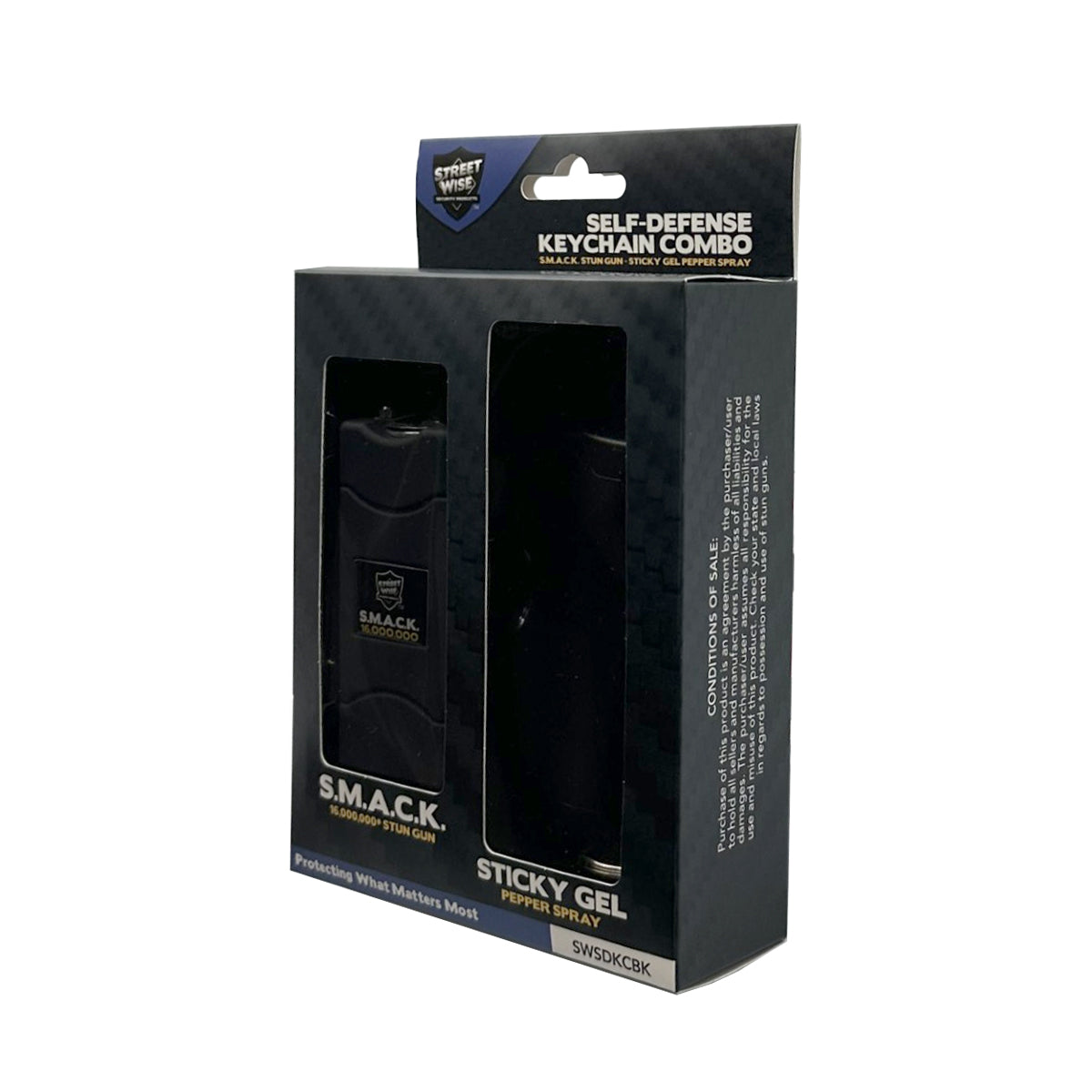 Product box for Streetwise Self‑Defense Keychain Combo – compact personal safety tool that combines a loud 130 dB alarm, LED flashlight, and shock delivery device on a keychain, designed for convenient everyday carry and quick access in emergencies, in white background.