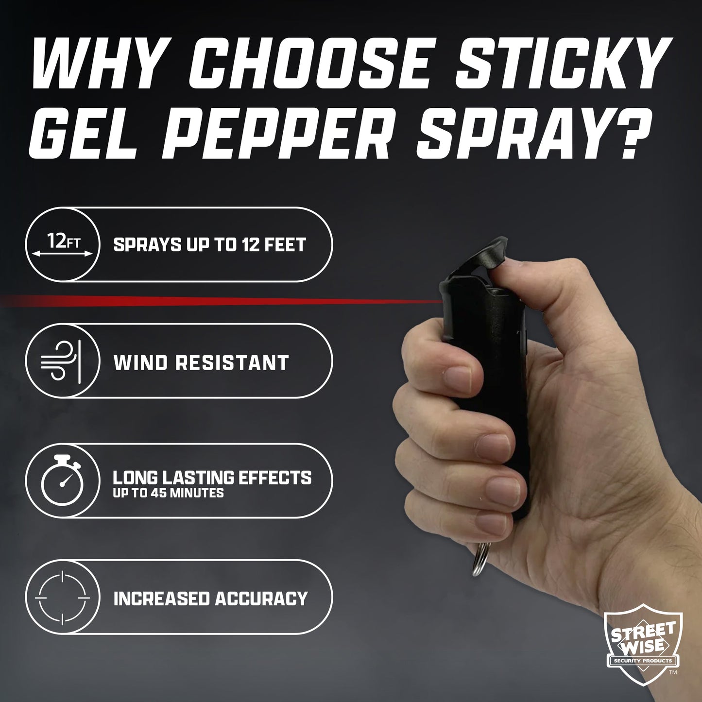 Features of Streetwise Sticky Gel Pepper Spray – police-strength gel formula that adheres to the target for extended effect, wind-resistant, flips-top safety, 4 oz canister with up to 15 ft range, and includes dye for identification.