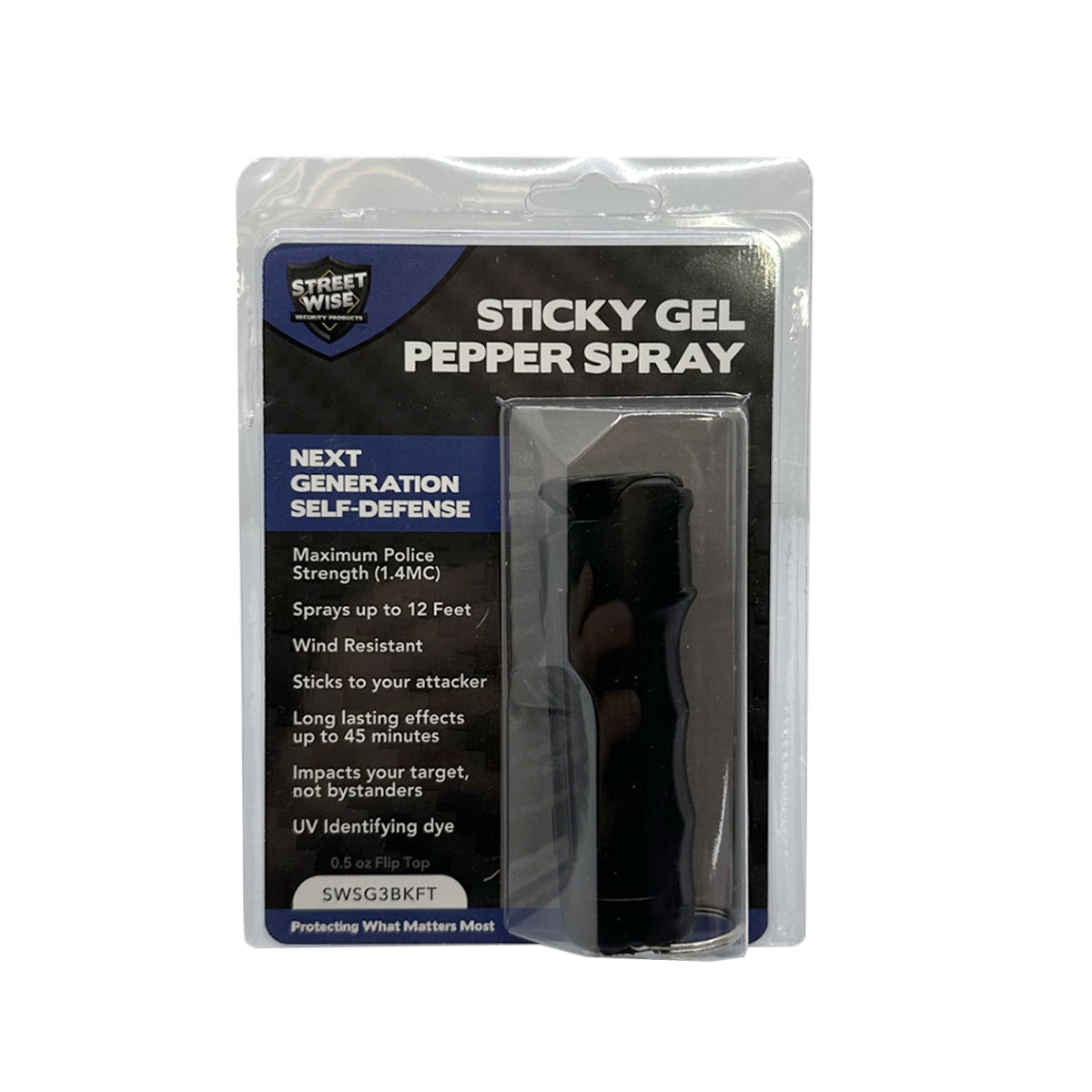 Package for Streetwise Sticky Gel Pepper Spray – police-strength gel formula that adheres to the target for extended effect, wind-resistant, flips-top safety, 4 oz canister with up to 15 ft range, and includes dye for identification, in white background.