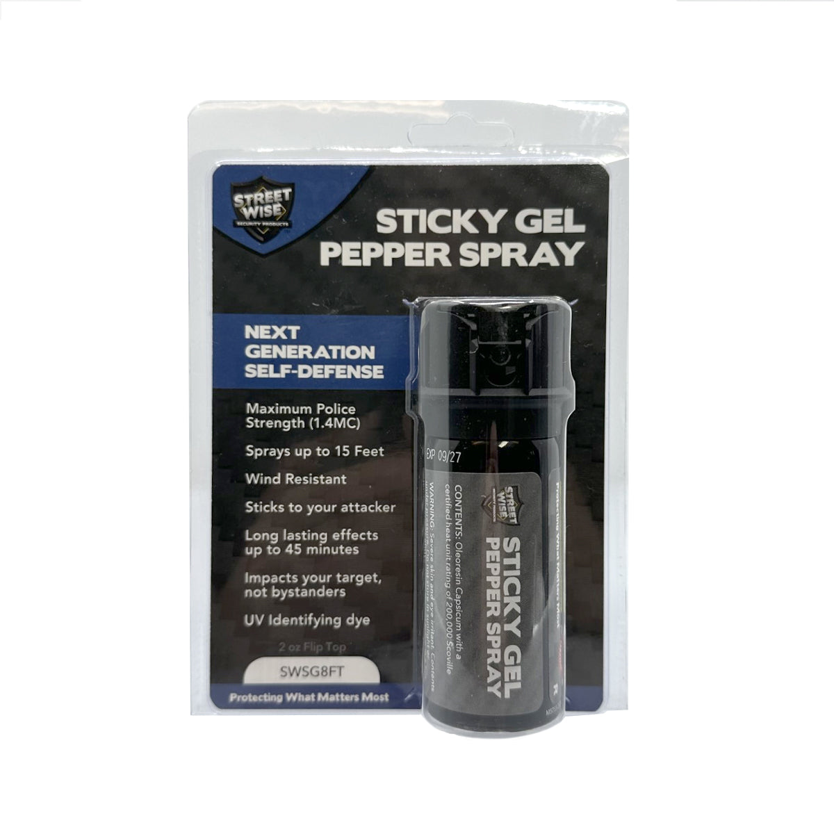 Package for Streetwise Sticky Gel Pepper Spray – police-strength gel formula that adheres to the target for extended effect, wind-resistant, flips-top safety, 4 oz canister with up to 15 ft range, and includes dye for identification, in white background.