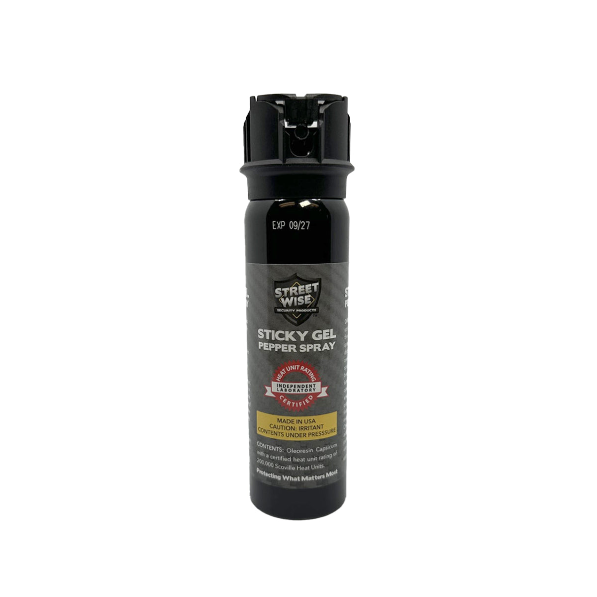 Streetwise Sticky Gel Pepper Spray – police-strength gel formula that adheres to the target for extended effect, wind-resistant, flips-top safety, 4 oz canister with up to 15 ft range, and includes dye for identification, in white background.