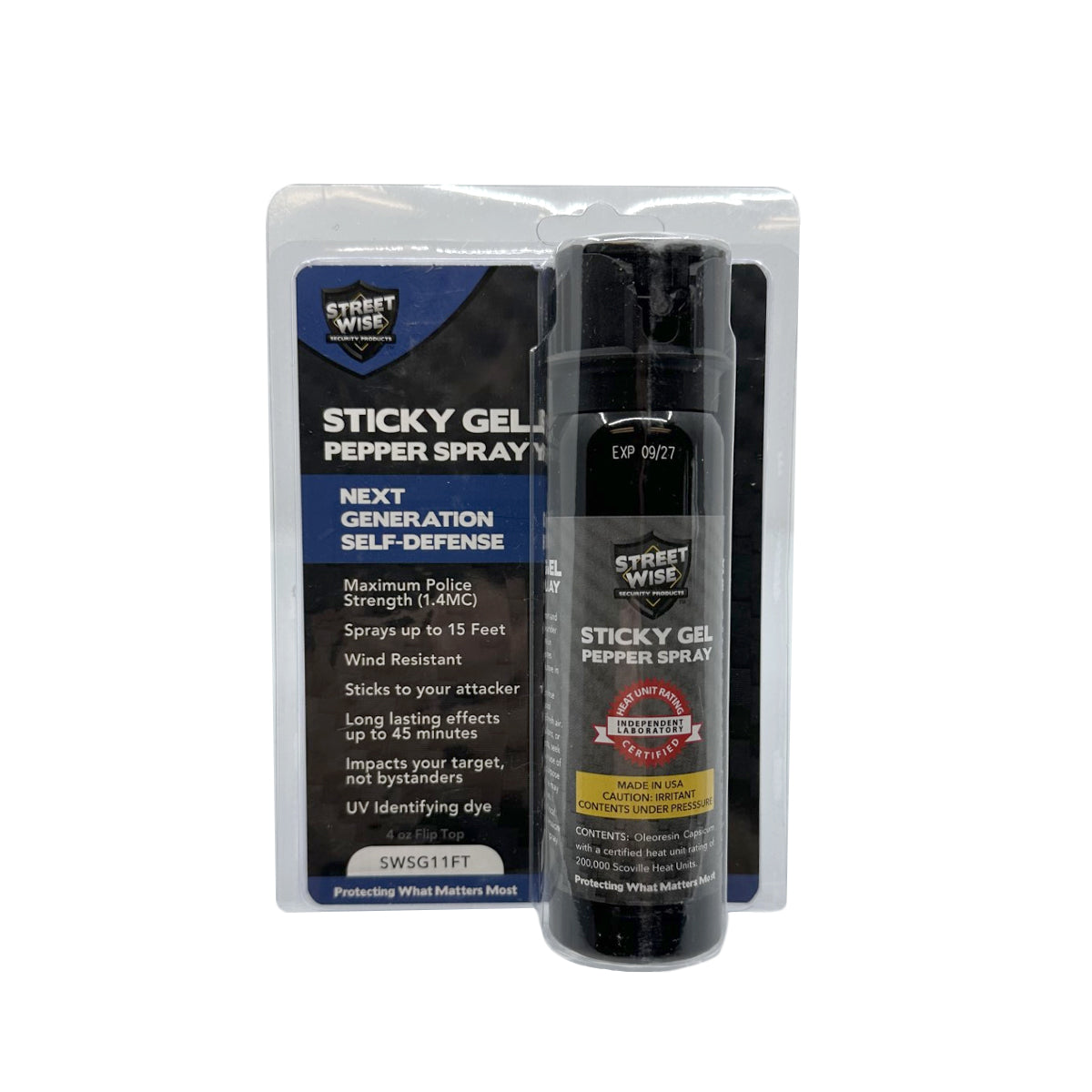 Package for Streetwise Sticky Gel Pepper Spray – police-strength gel formula that adheres to the target for extended effect, wind-resistant, flips-top safety, 4 oz canister with up to 15 ft range, and includes dye for identification, in white background.