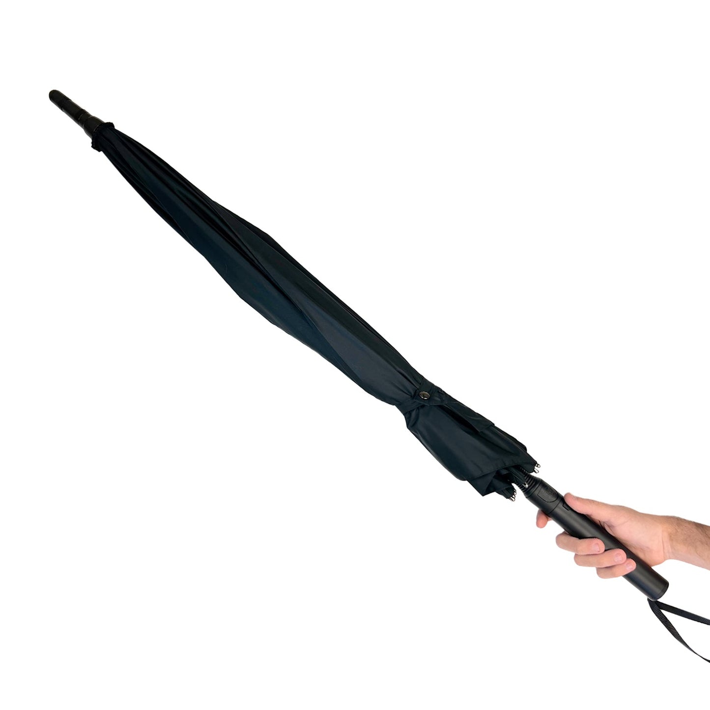 Someone holding Streetwise Tactical Stunbrella – disguised as a functional 51″ umbrella with a 40″ shaft for everyday use, this self-defense tool features a hidden high-voltage stun gun (around 32,000,000 V), built-in LED flashlight, dual safety switch, USB rechargeable battery, rubberized grip, wrist strap, and protective sleeve with shoulder strap, in white background.
