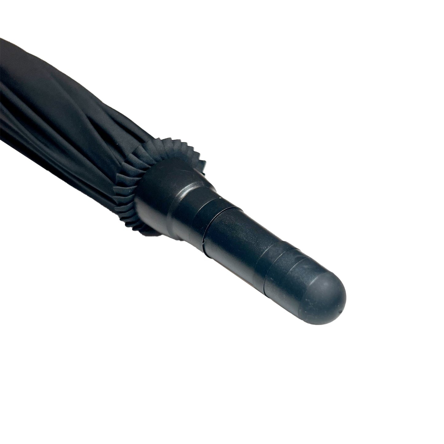 Close-up of Streetwise Tactical Stunbrella – disguised as a functional 51″ umbrella with a 40″ shaft for everyday use, this self-defense tool features a hidden high-voltage stun gun (around 32,000,000 V), built-in LED flashlight, dual safety switch, USB rechargeable battery, rubberized grip, wrist strap, and protective sleeve with shoulder strap, in white background.