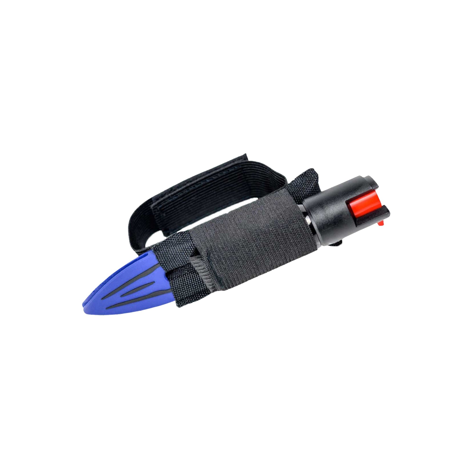 Strike-n-Spray Double Defender – versatile self-defense tool combining a striking weapon with an integrated pepper spray unit for dual protection, in white background.