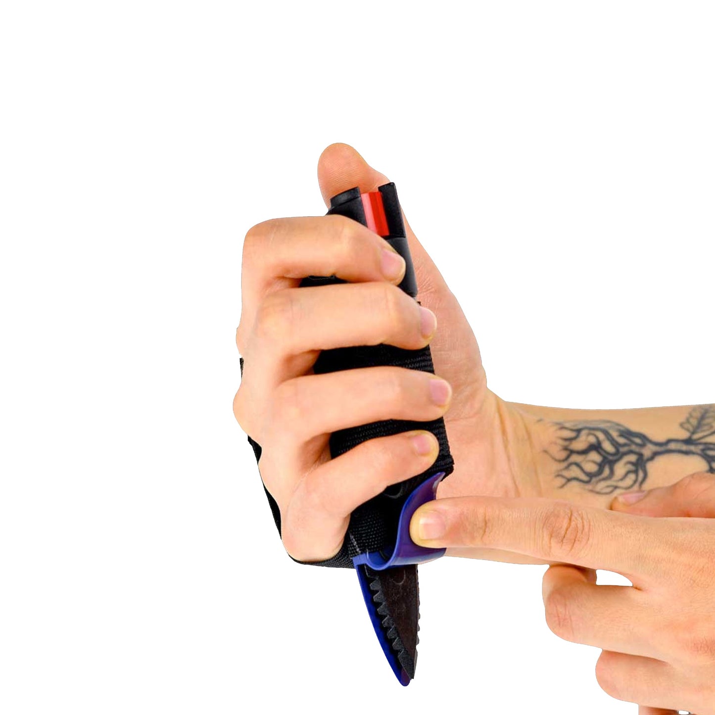 Someone holding Strike-n-Spray Double Defender – versatile self-defense tool combining a striking weapon with an integrated pepper spray unit for dual protection, in white background.
