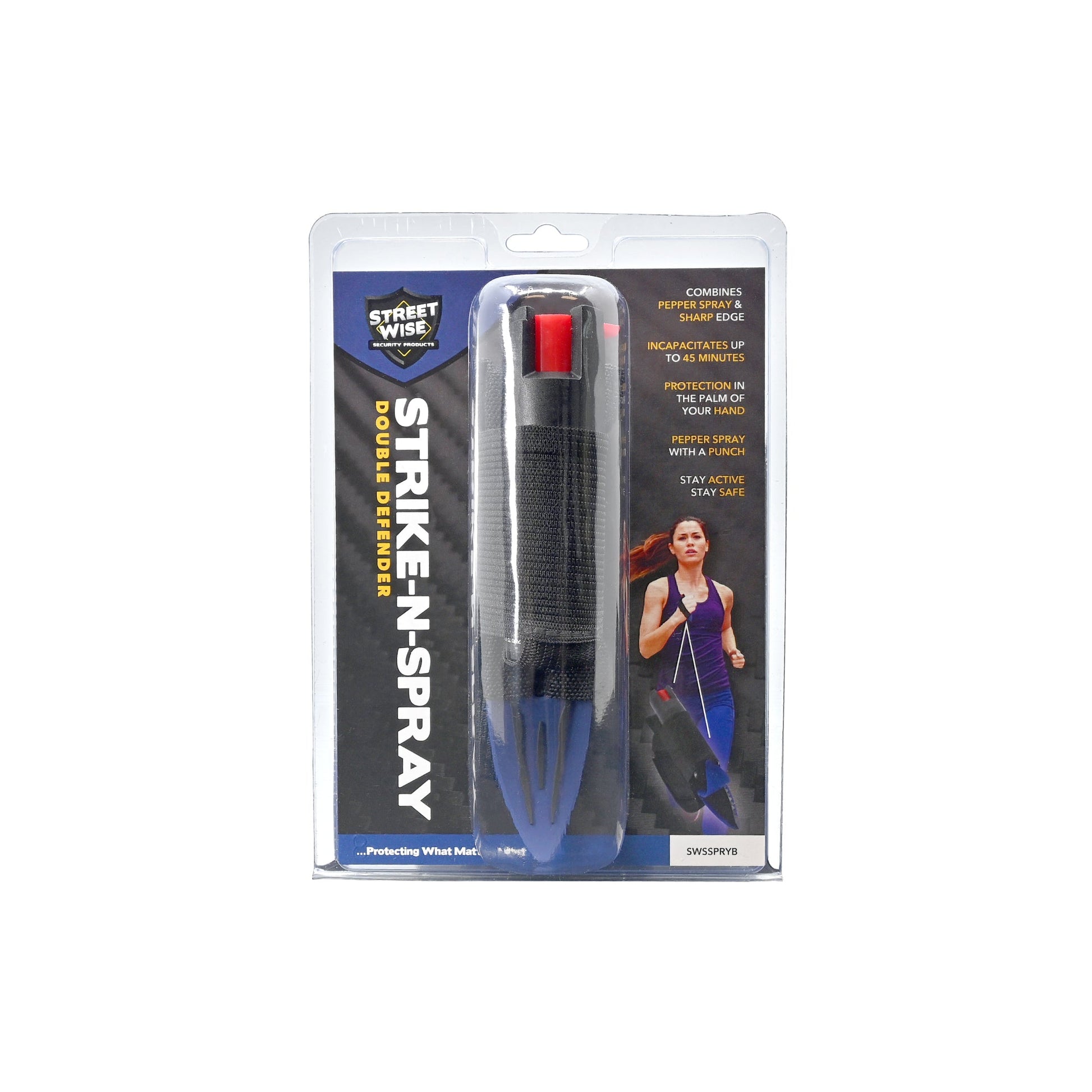 Package of Strike-n-Spray Double Defender – versatile self-defense tool combining a striking weapon with an integrated pepper spray unit for dual protection, in white background.