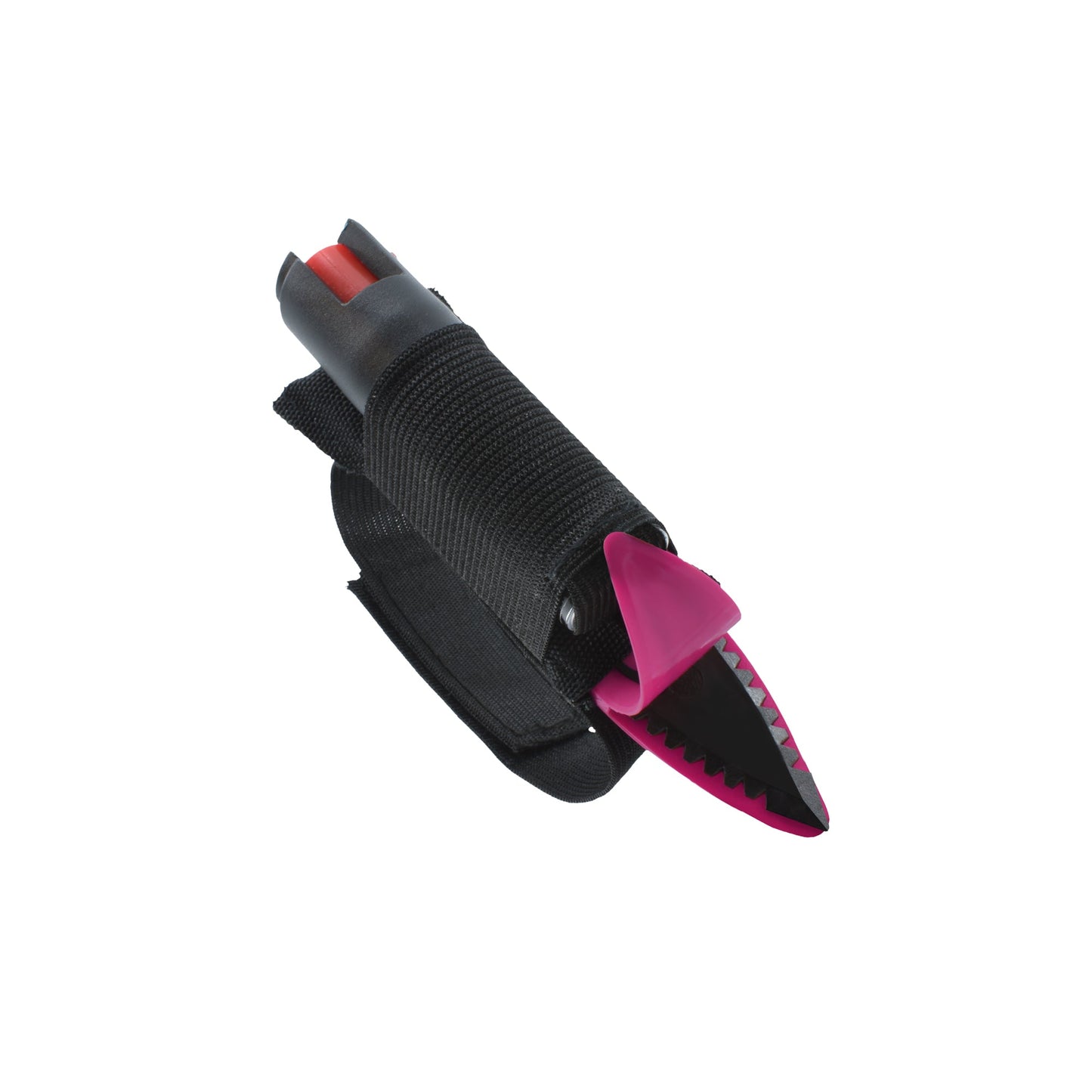 Strike-n-Spray Double Defender – versatile self-defense tool combining a striking weapon with an integrated pepper spray unit for dual protection, in white background.