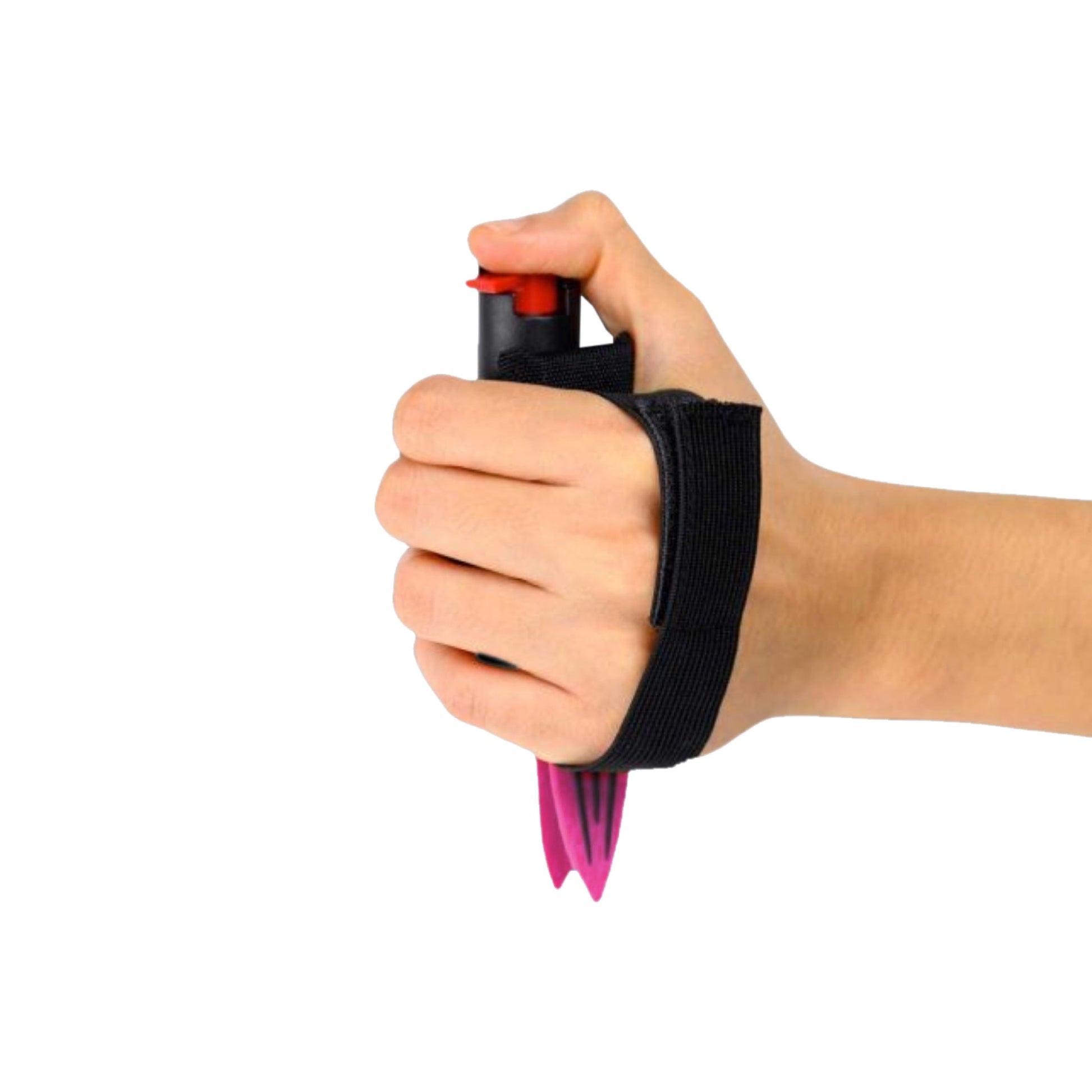 Someone holding Strike-n-Spray Double Defender – versatile self-defense tool combining a striking weapon with an integrated pepper spray unit for dual protection in white background.