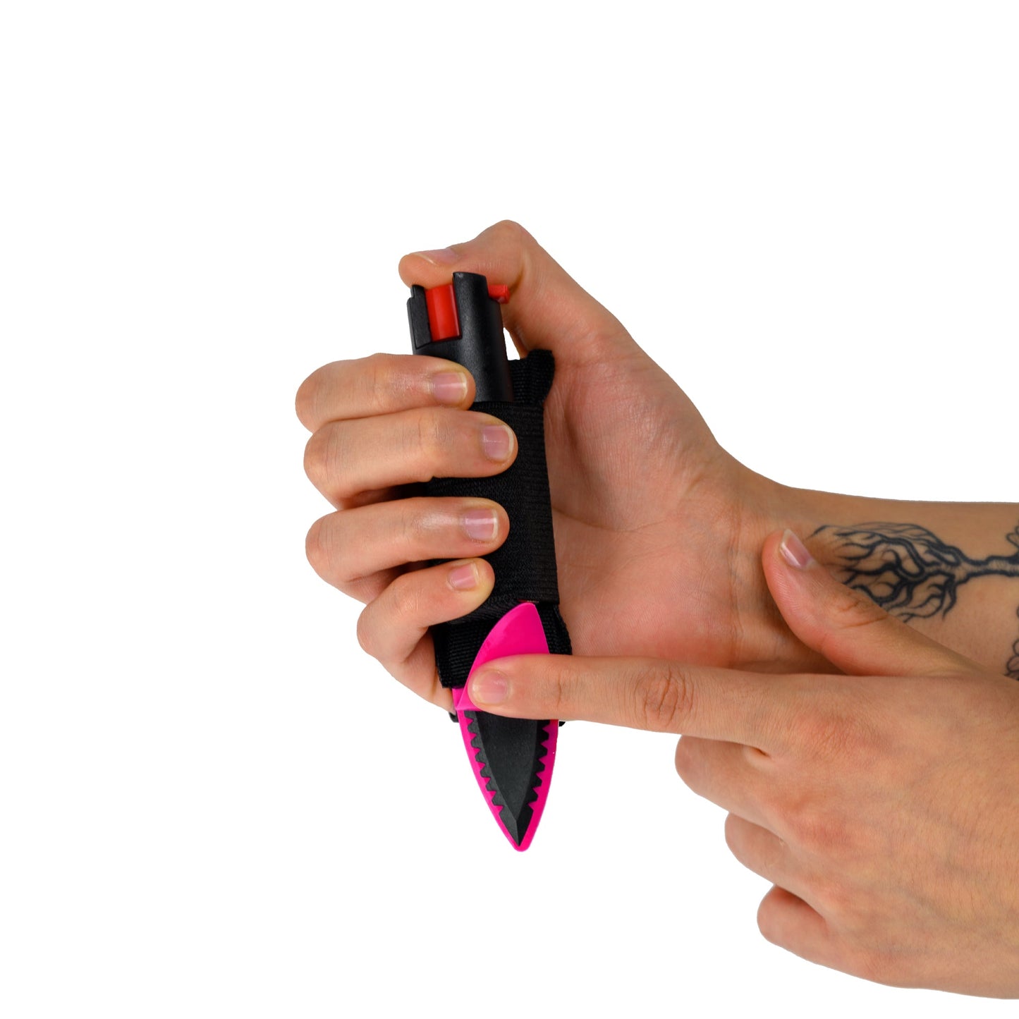 Someone holding Strike-n-Spray Double Defender – versatile self-defense tool combining a striking weapon with an integrated pepper spray unit for dual protection, in white background.
