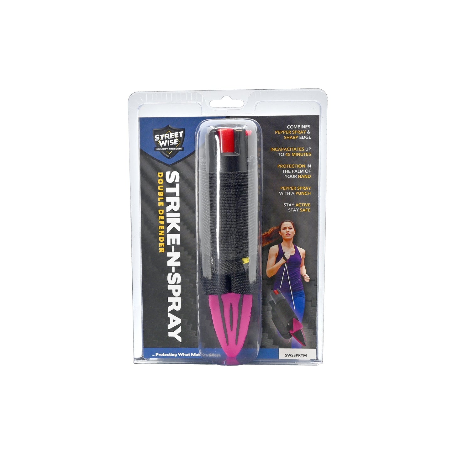 Package of Strike-n-Spray Double Defender – versatile self-defense tool combining a striking weapon with an integrated pepper spray unit for dual protection, in white background.