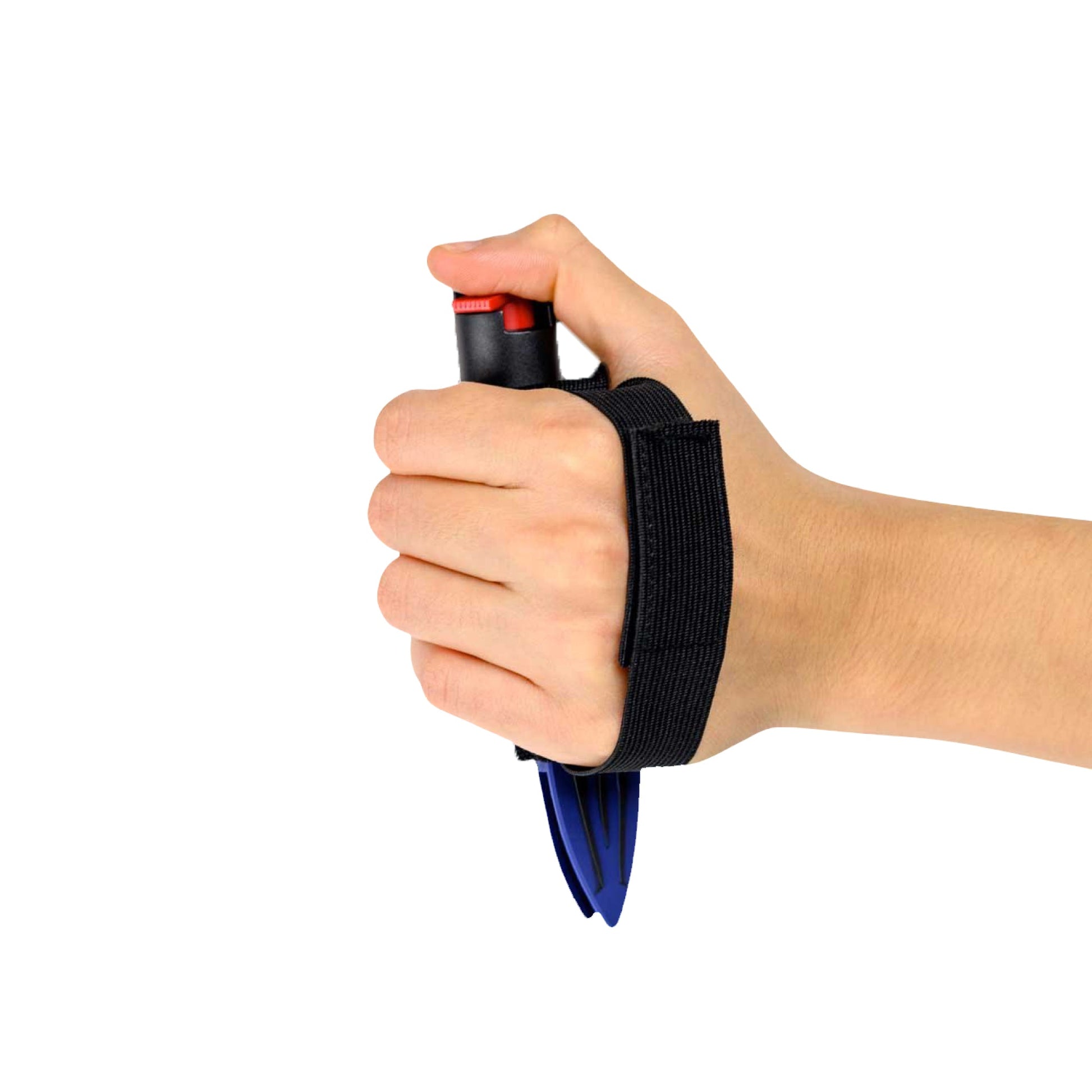 Someone holding Strike-n-Spray Double Defender – versatile self-defense tool combining a striking weapon with an integrated pepper spray unit for dual protection, in white background.