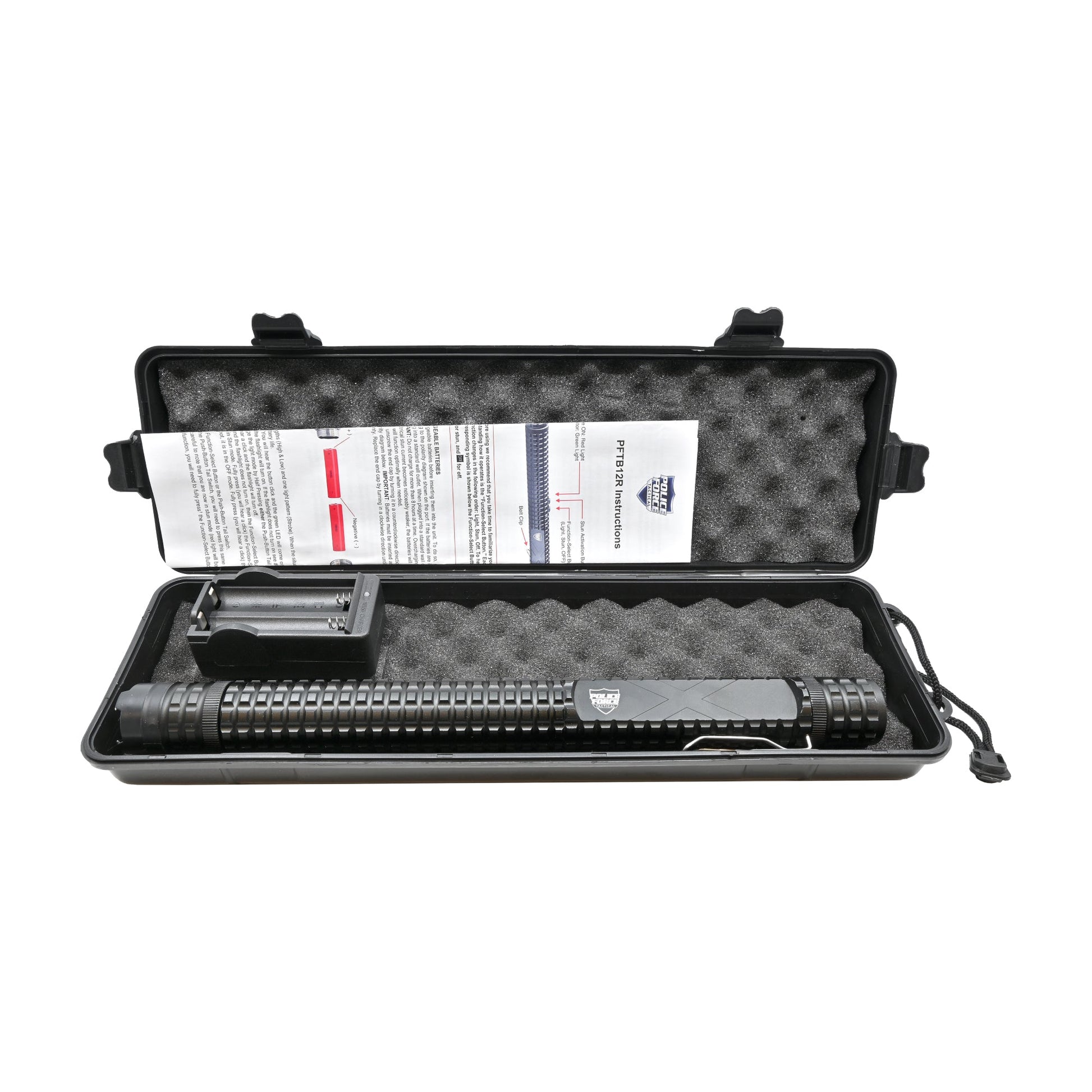 Product case for Tactical 12,000,000 Stun Baton Flashlight - rugged self-defense tool combining a powerful stun gun and bright tactical flashlight for maximum protection and reach, in white background.