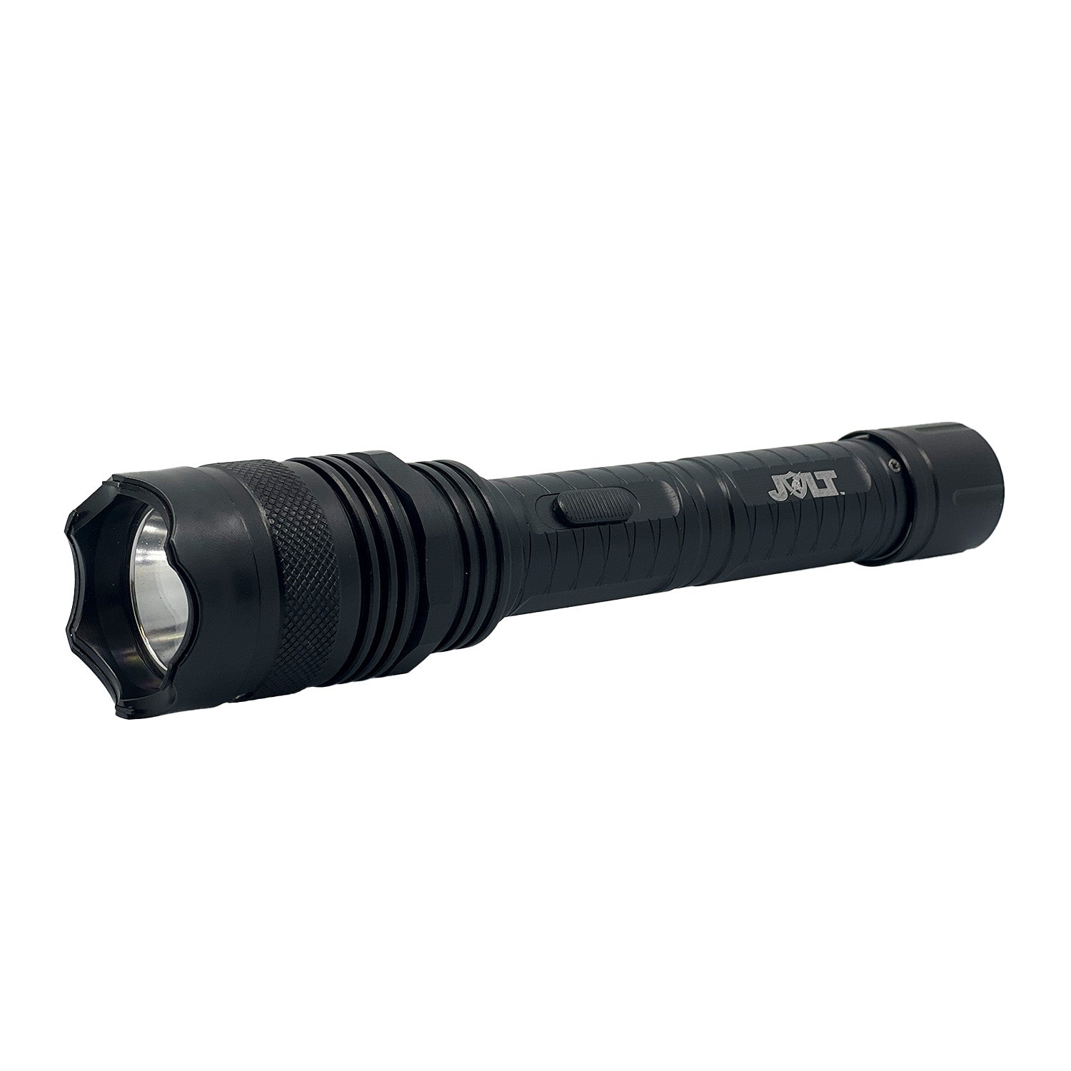 Tactical 95,000,000 Stun Flashlight - ultra-bright flashlight integrated with an extremely high-voltage stun gun, built for serious self-defense in critical situations, in white background.