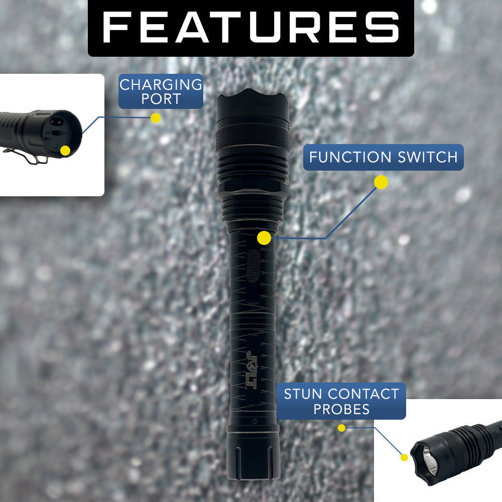 Features of Tactical 95,000,000 Stun Flashlight - ultra-bright flashlight integrated with an extremely high-voltage stun gun, built for serious self-defense in critical situations.