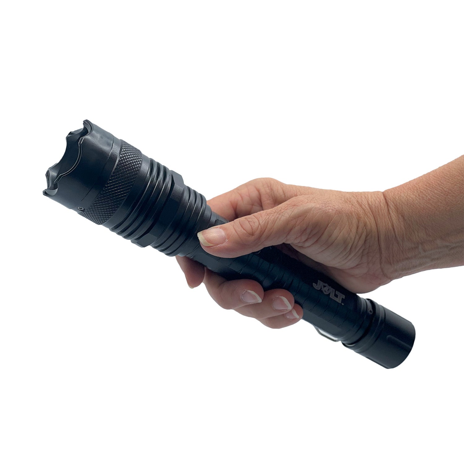 Someone holding Tactical 95,000,000 Stun Flashlight - ultra-bright flashlight integrated with an extremely high-voltage stun gun, built for serious self-defense in critical situations, in white background.