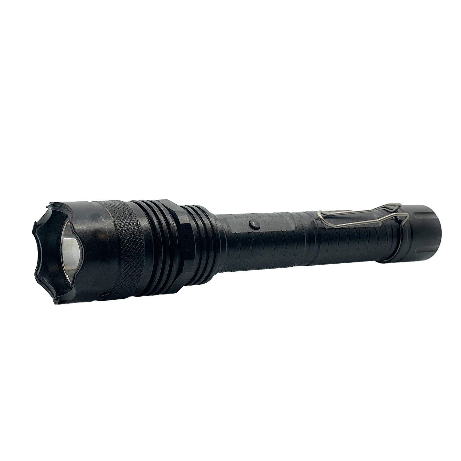 Tactical 95,000,000 Stun Flashlight - ultra-bright flashlight integrated with an extremely high-voltage stun gun, built for serious self-defense in critical situations, in white background.