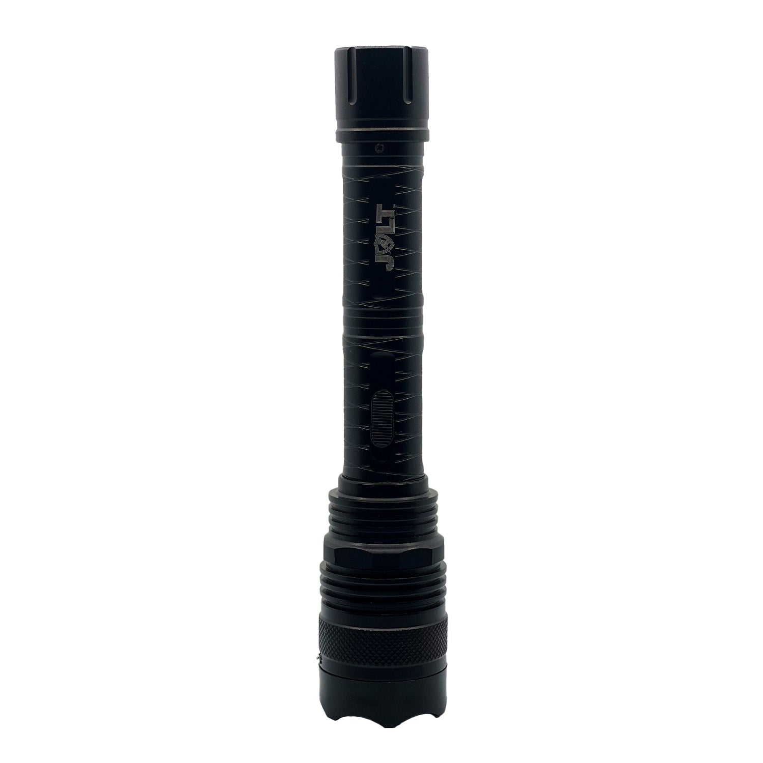 Tactical 95,000,000 Stun Flashlight - ultra-bright flashlight integrated with an extremely high-voltage stun gun, built for serious self-defense in critical situations, in white background.