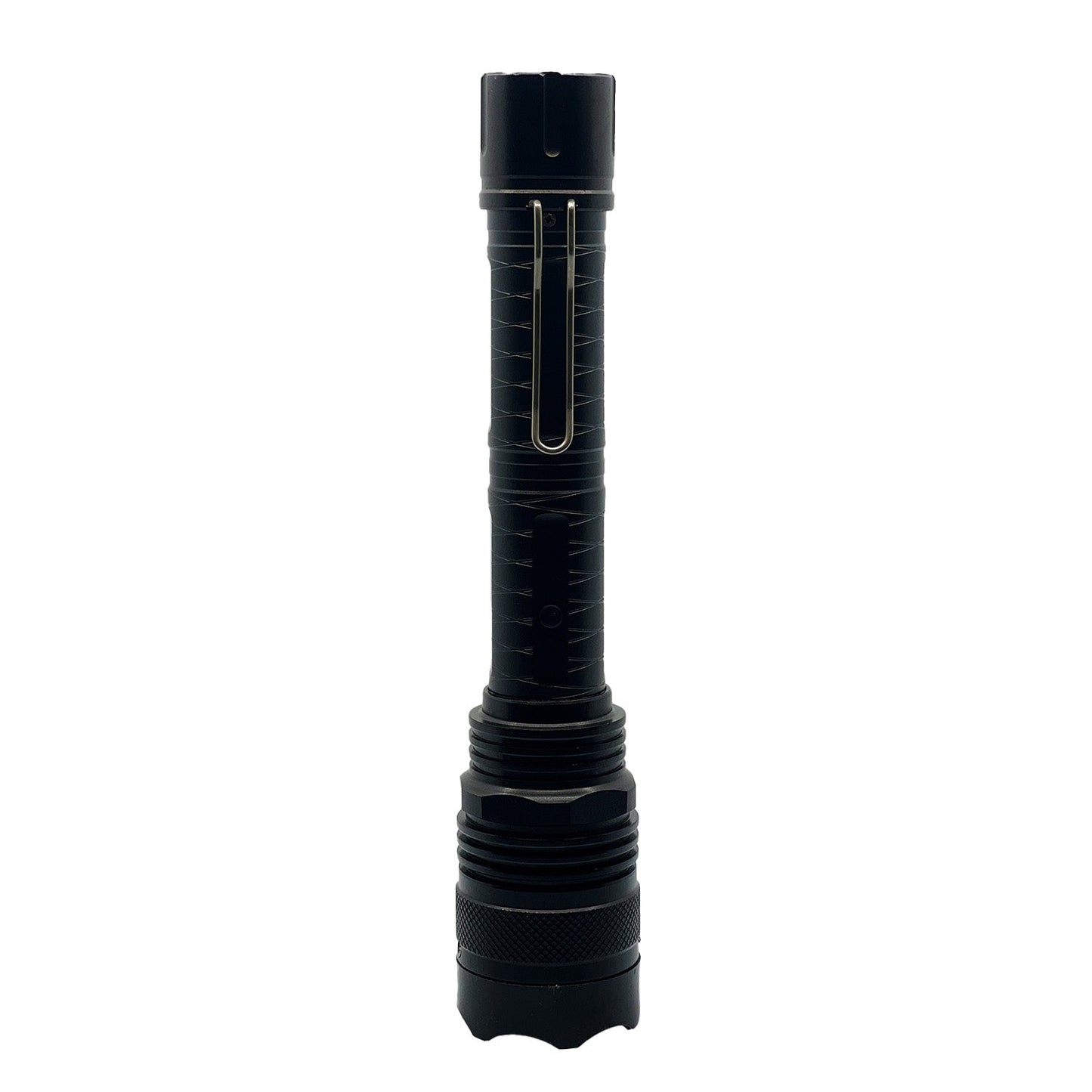 Tactical 95,000,000 Stun Flashlight - ultra-bright flashlight integrated with an extremely high-voltage stun gun, built for serious self-defense in critical situations, in white background.