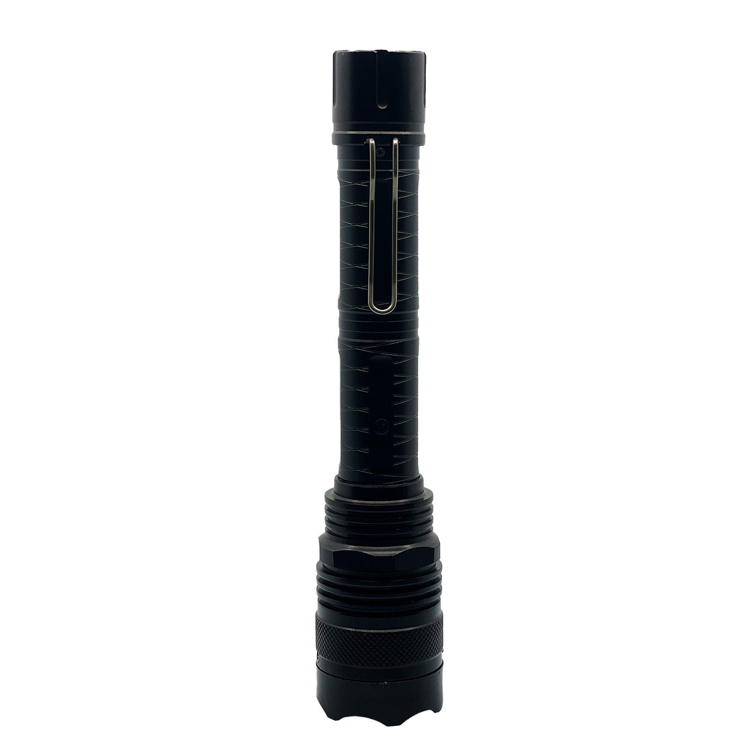 Tactical 95,000,000 Stun Flashlight - ultra-bright flashlight integrated with an extremely high-voltage stun gun, built for serious self-defense in critical situations, in white background.