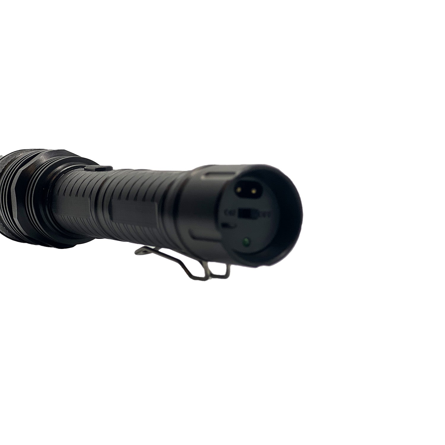 Tactical 95,000,000 Stun Flashlight - ultra-bright flashlight integrated with an extremely high-voltage stun gun, built for serious self-defense in critical situations, in white background.