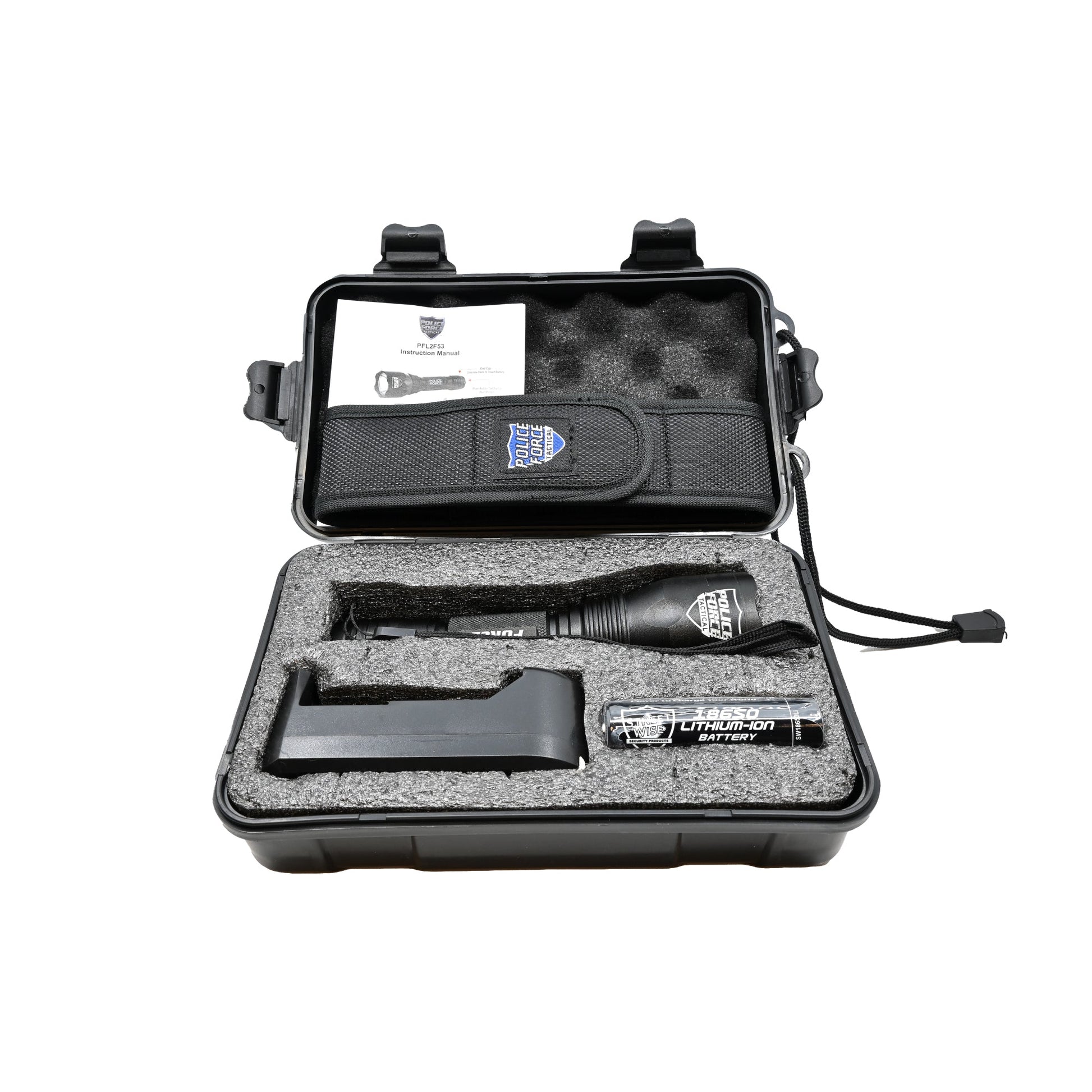 Tactical L2 LED Flashlight with Holster – high-performance flashlight featuring L2 LED technology, paired with a durable holster for secure and convenient carry, inside case, in white background.