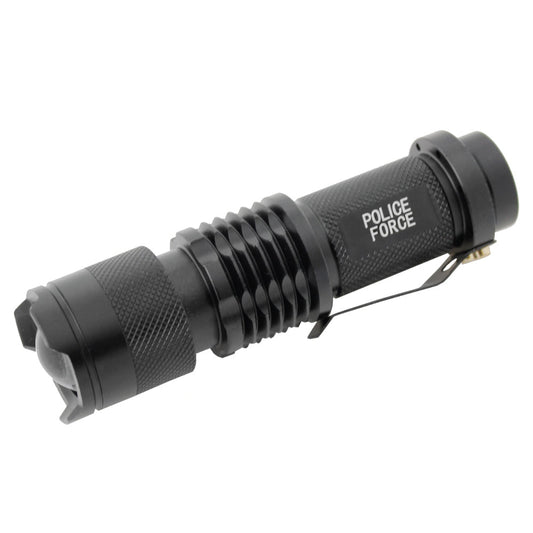 Tactical Q5 LED Flashlight – compact and powerful flashlight featuring a Q5 LED for high brightness and reliable performance in tactical situations, in white background.