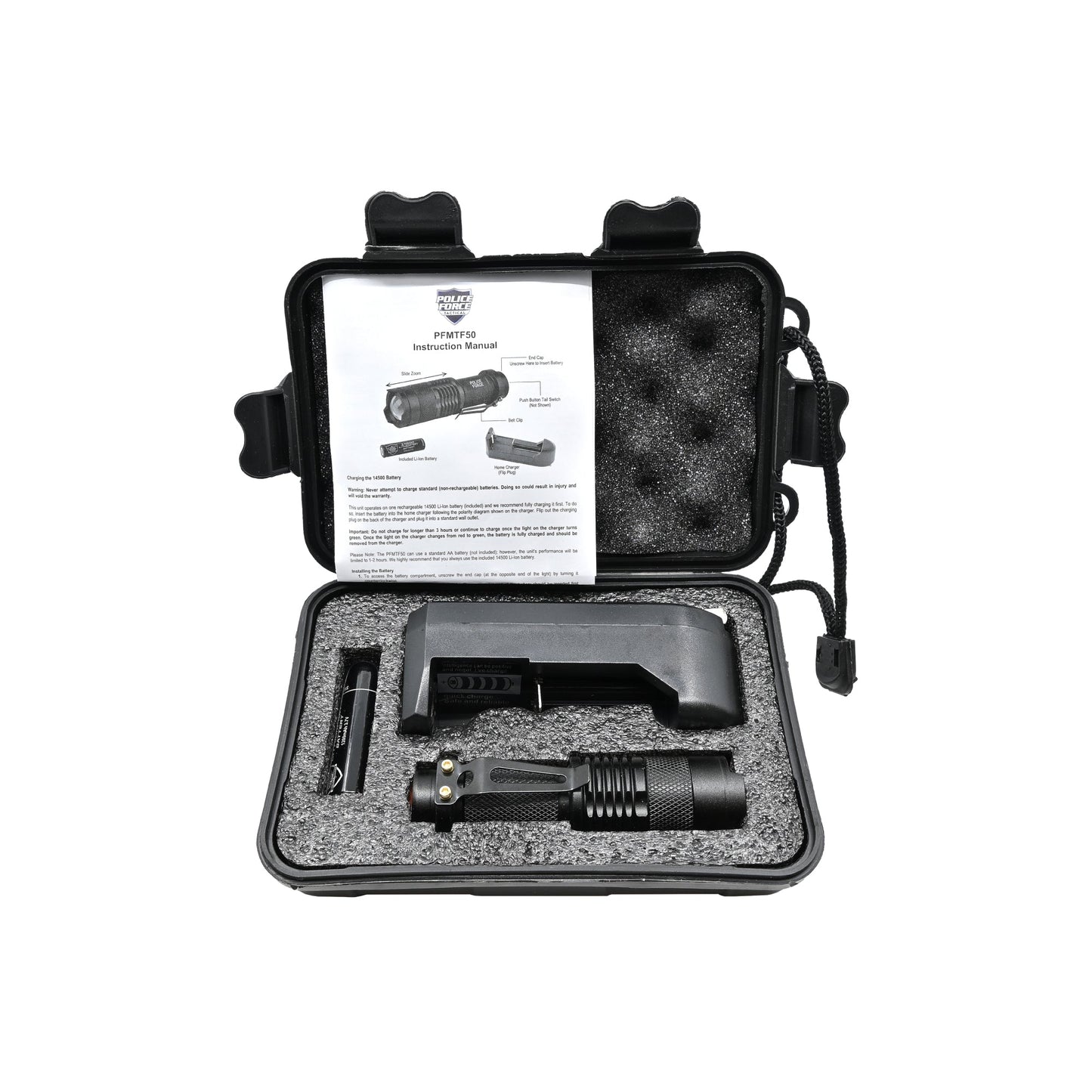 Tactical Q5 LED Flashlight – compact and powerful flashlight featuring a Q5 LED for high brightness and reliable performance in tactical situations, inside case, in white background.