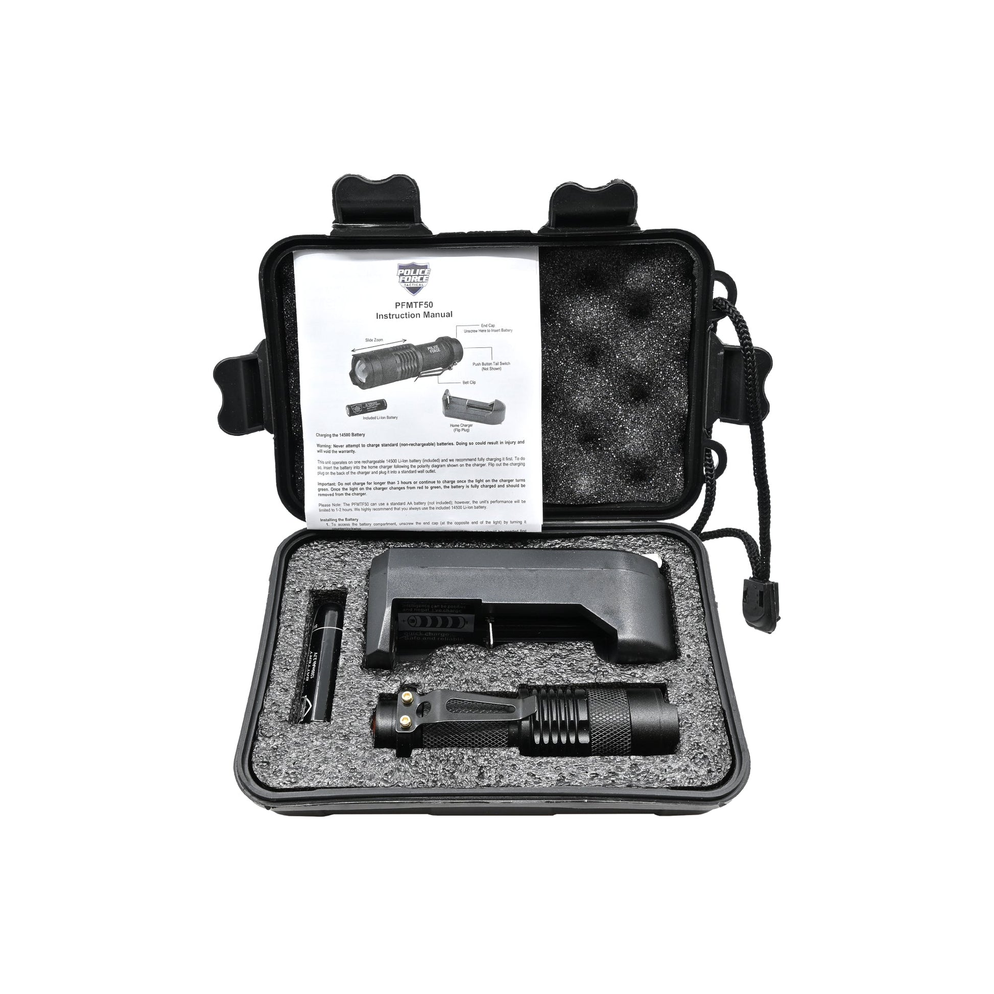 Tactical Q5 LED Flashlight – compact and powerful flashlight featuring a Q5 LED for high brightness and reliable performance in tactical situations, inside case, in white background.