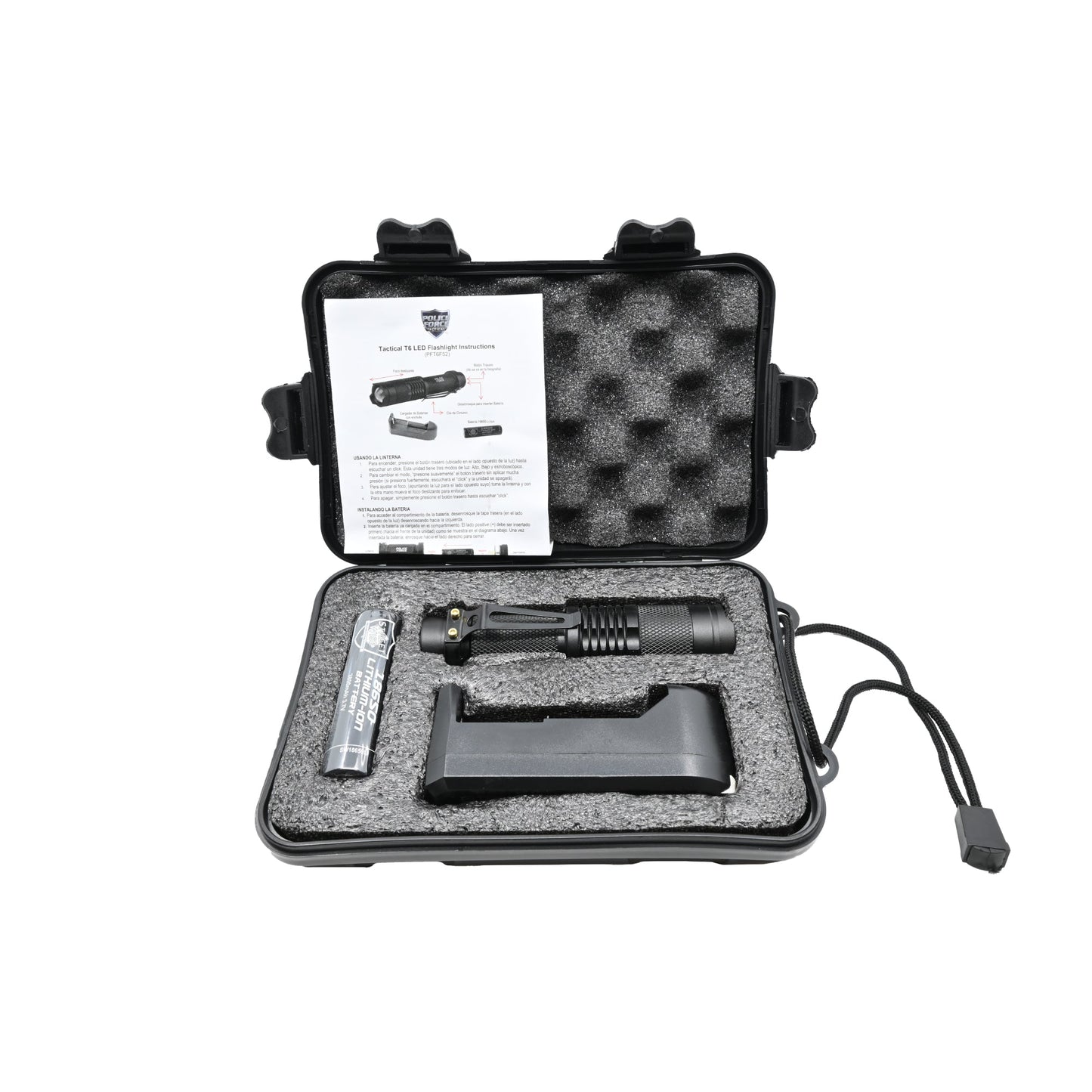 Tactical T6 LED Flashlight – high-intensity flashlight with T6 LED technology, designed for superior brightness and durability in tactical and outdoor use, inside case, in white background.