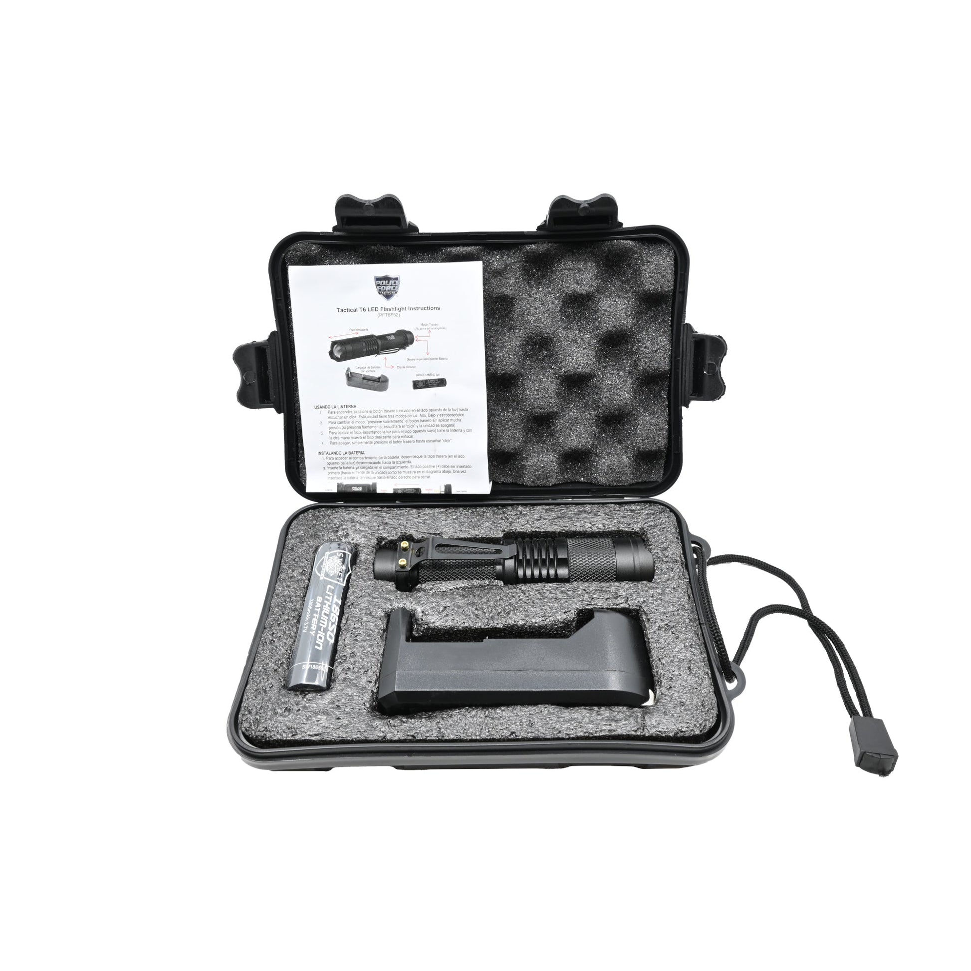 Tactical T6 LED Flashlight – high-intensity flashlight with T6 LED technology, designed for superior brightness and durability in tactical and outdoor use, inside case, in white background.