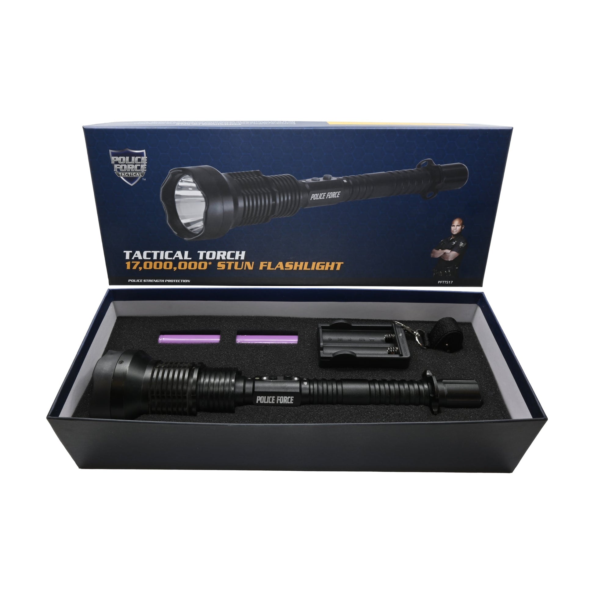 Tactical Torch Stun Flashlight 17,000,000 – durable self-defense flashlight combining high-voltage stun capability with a bright, tactical beam, inside product box, in white background.