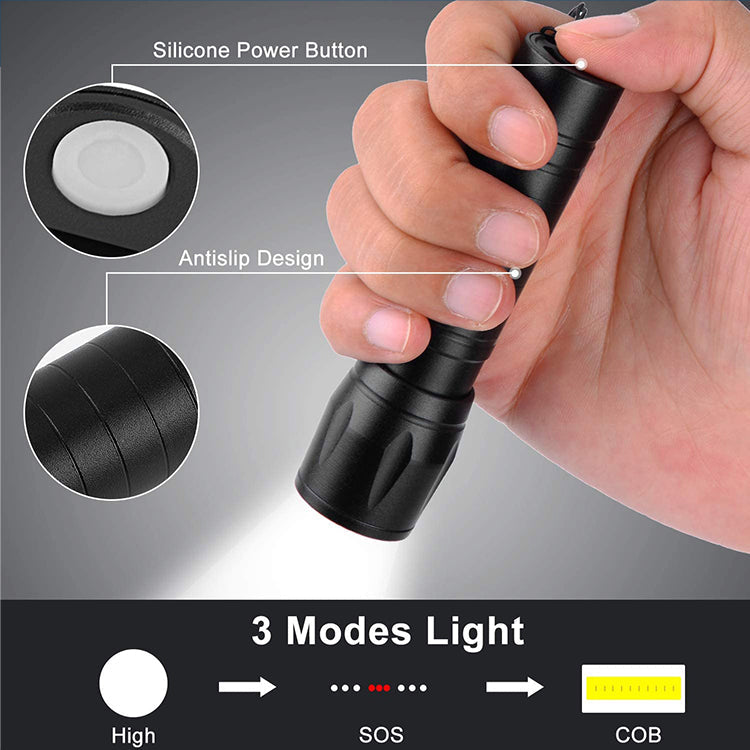 Features of Tactical XPE/COB Mini Flashlight – compact flashlight featuring dual XPE and COB LED technology for versatile and powerful lighting in a small form factor, in silver background.