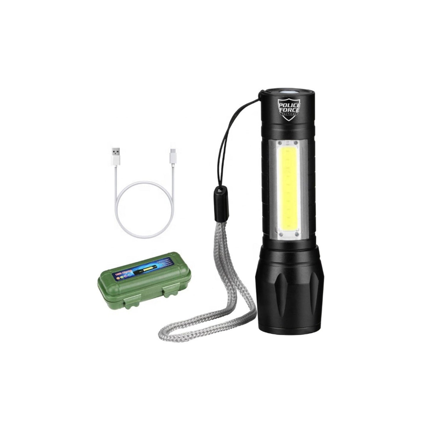 Tactical XPE/COB Mini Flashlight – compact flashlight featuring dual XPE and COB LED technology for versatile and powerful lighting in a small form factor, in white background.