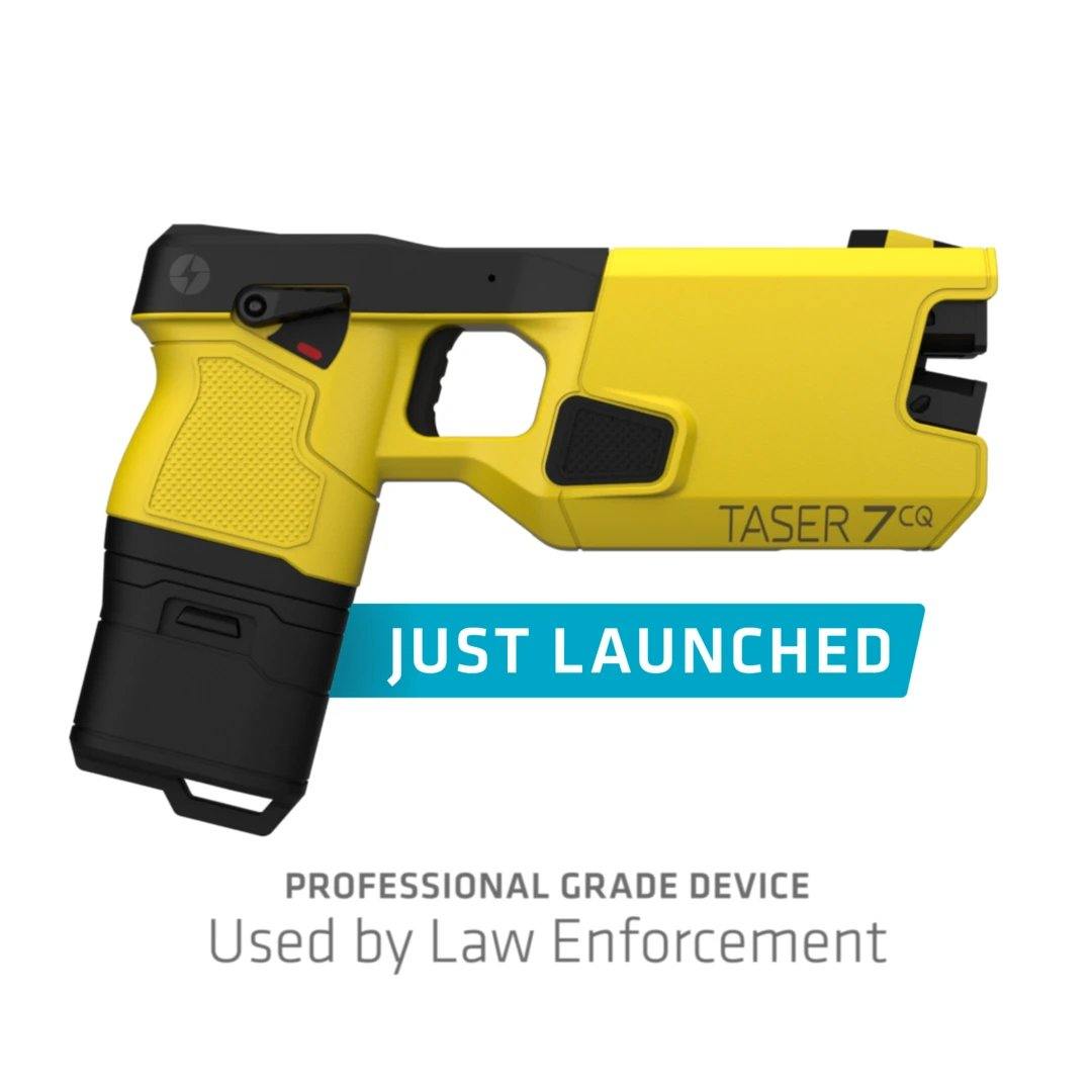Taser 7 CQ - close-quarters conducted energy weapon designed for law enforcement and personal defense, providing effective stopping power at short range, in white background.