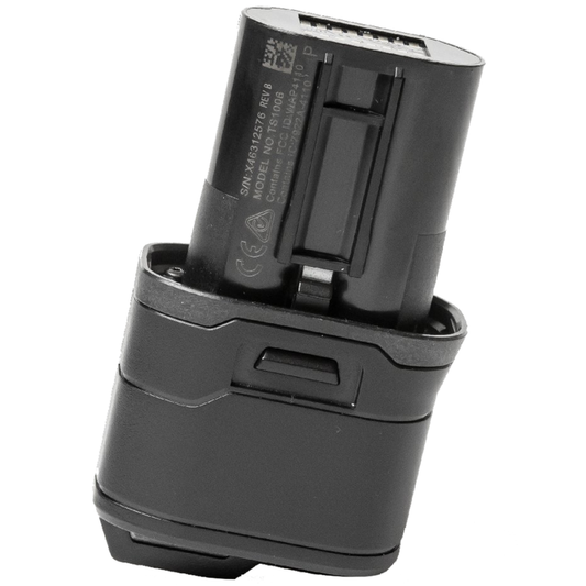 TASER 7 CQ Battery Pack – durable lithium energy cell designed for the TASER 7 CQ, providing power for approximately 500 single-bay firings; user-replaceable but not rechargeable, in white background.