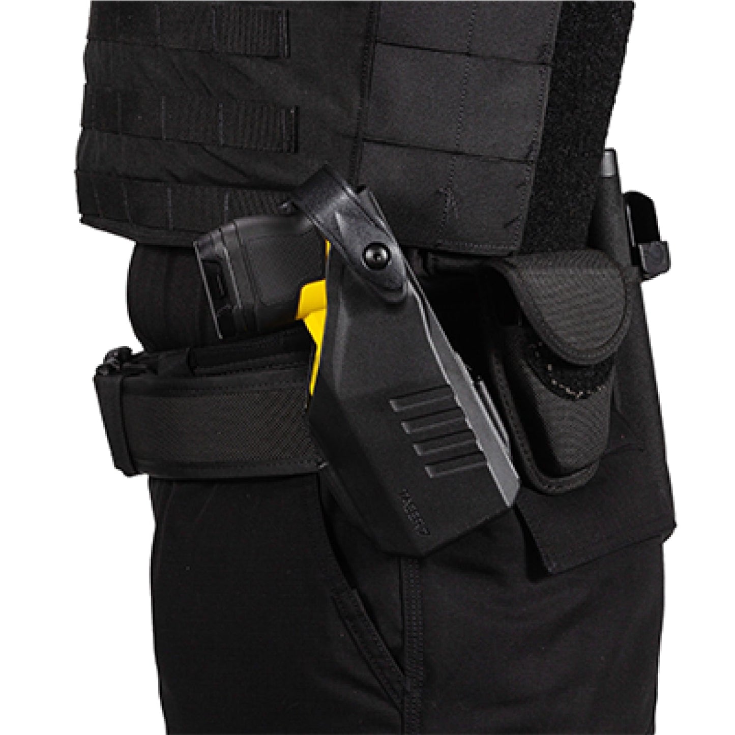 Someone carrying TASER® 7 CQ Safariland Holster – durable, duty-grade holster designed specifically for the TASER 7 CQ, offering secure retention and easy access, in white background.
