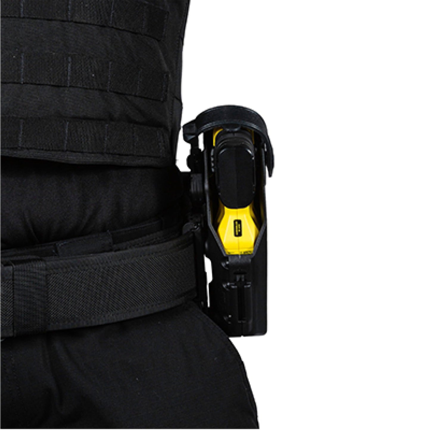 Someone carrying TASER® 7 CQ Safariland Holster – durable, duty-grade holster designed specifically for the TASER 7 CQ, offering secure retention and easy access, in white background.